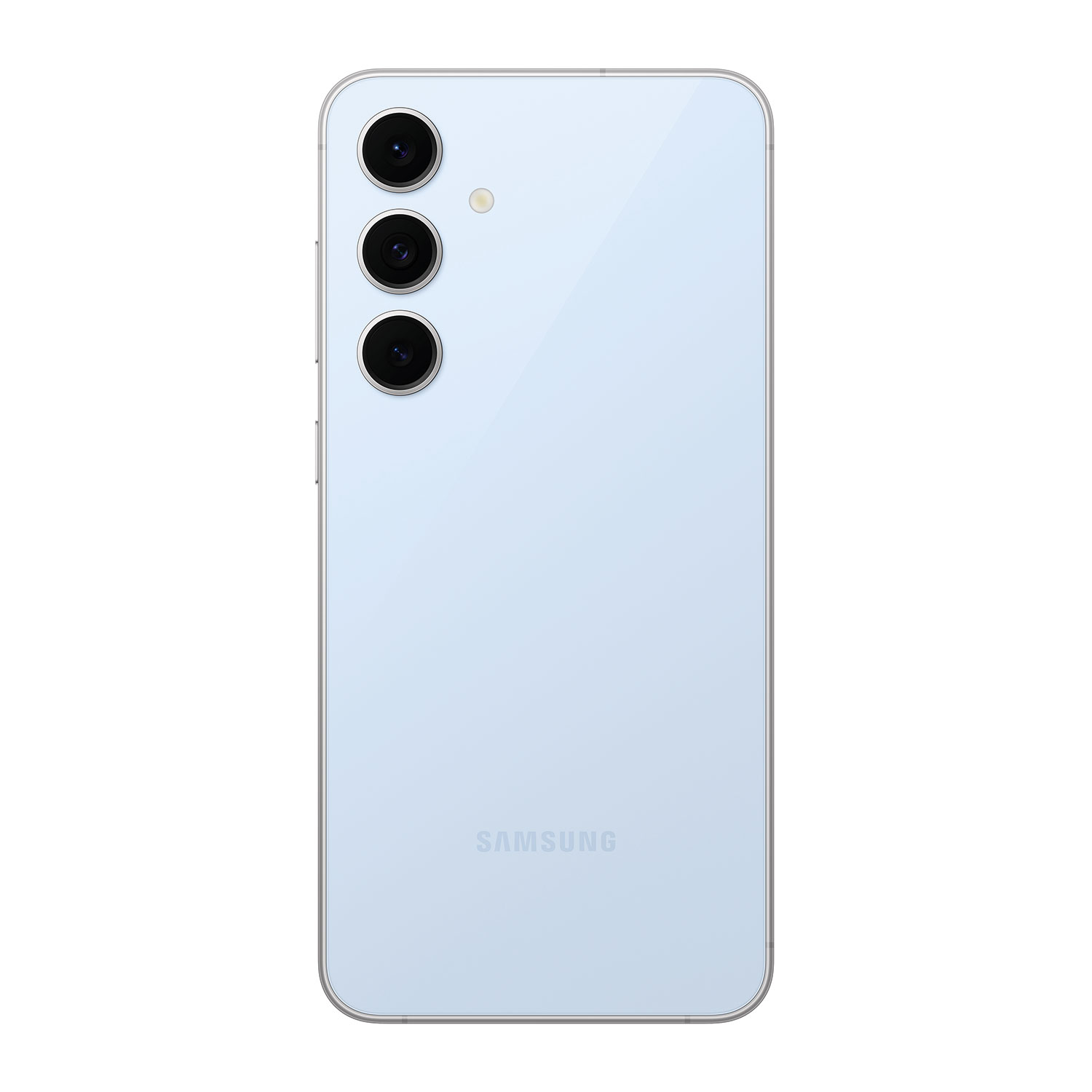 Tył jasnoniebieskiego smartfona z 3 aparatami. Logo Samsung na dole. Srebrna ramka.