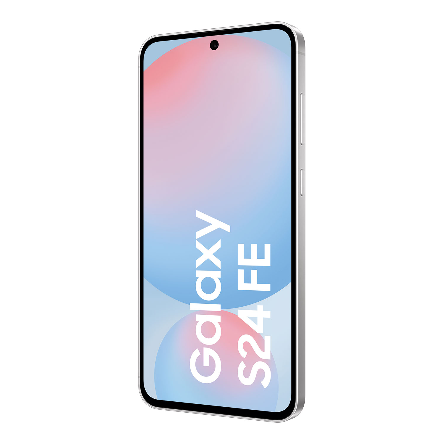 Srebrny telefon Galaxy S24 FE wyświetla gradient różu i błękitu z tekstem Galaxy S24 FE.