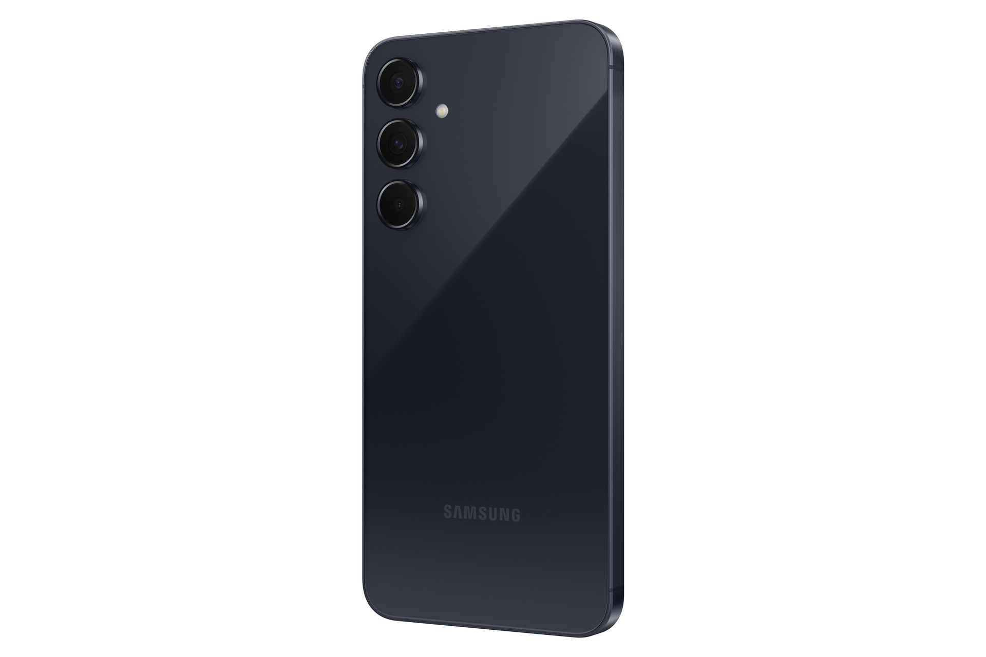 Tył granatowego smartfona z 3 aparatami. Logo Samsung na dole. Elegancki design.