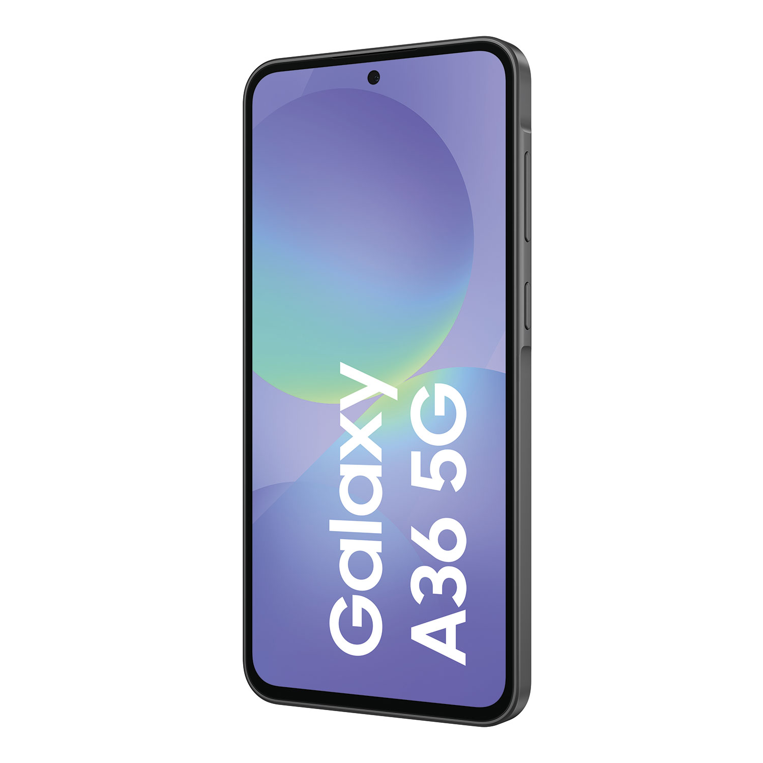 Smartfon z tekstem Galaxy A36 5G. Ekran wyświetla fioletowe i niebieskie tło. Ramka jest czarna.