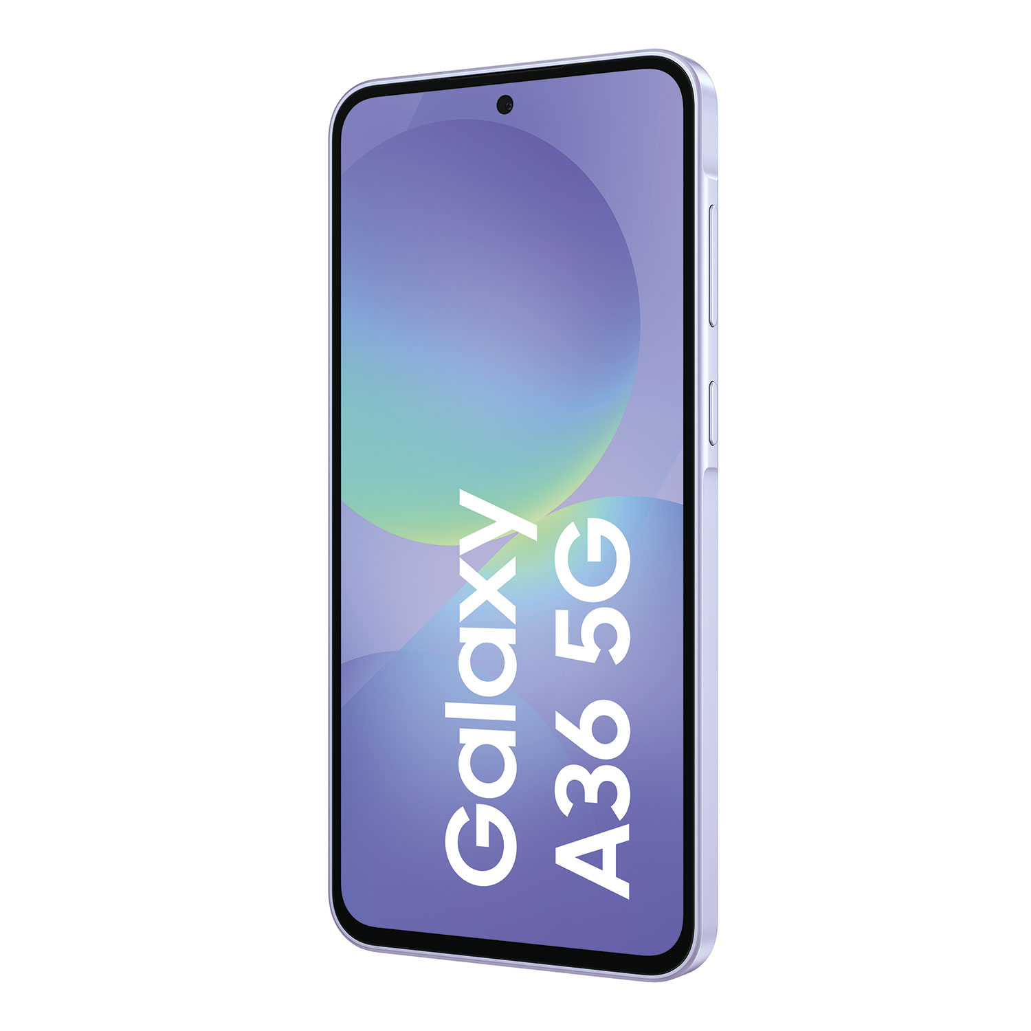Wyświetlany jest liliowy telefon Galaxy A36 5G. Ekran wyświetla tekst i gradient. Telefon jest pionowy.