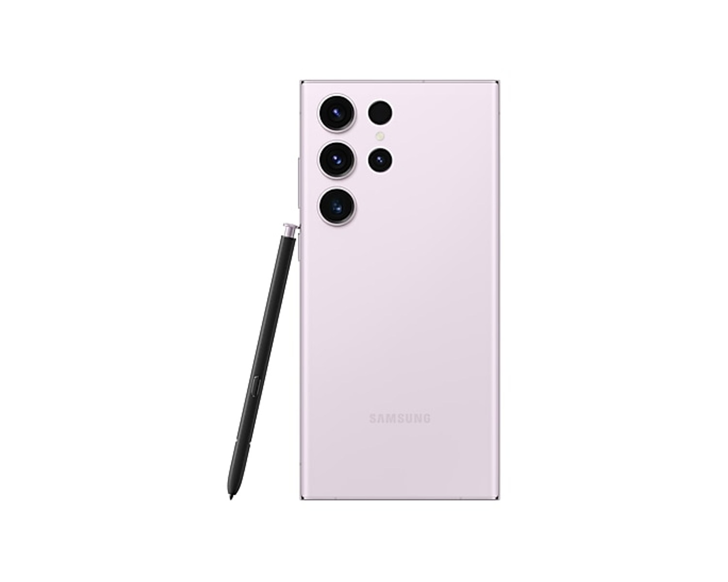 Jasnofioletowy telefon z rysikiem na białym tle.