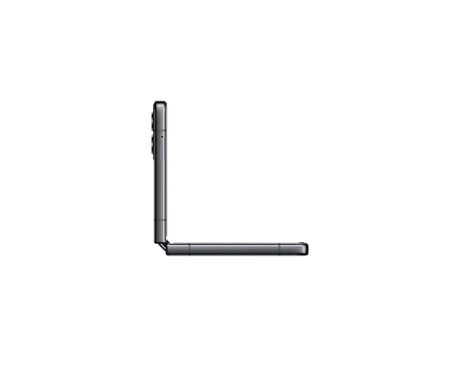 Czarny składany telefon, widok z boku, na białym tle.