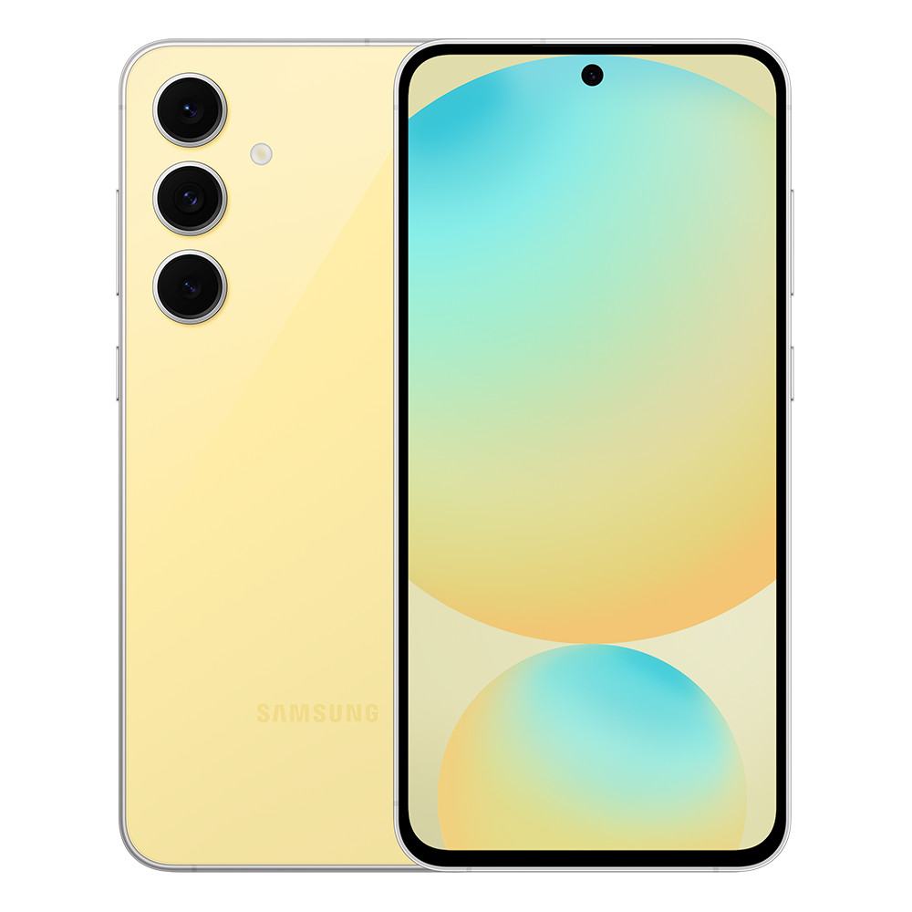 Żółty smartfon z niebiesko-żółtym ekranem na białym tle.