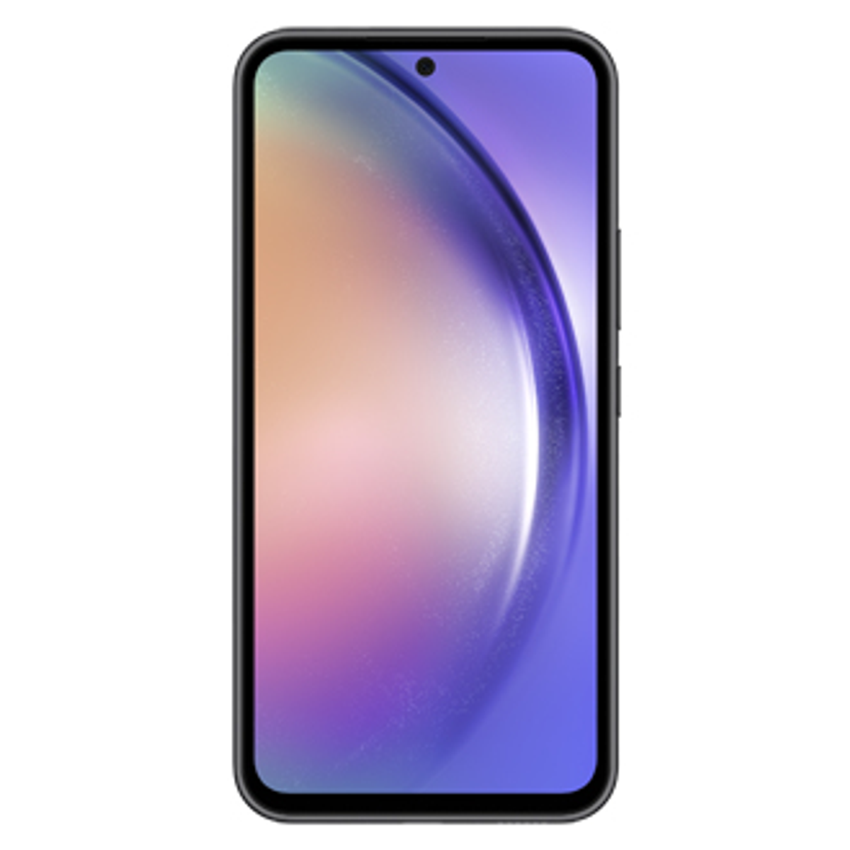 Schwarzes Telefon vorne mit Bildschirm, der einen lila und blauen Farbverlauf anzeigt. Weißer Hintergrund.