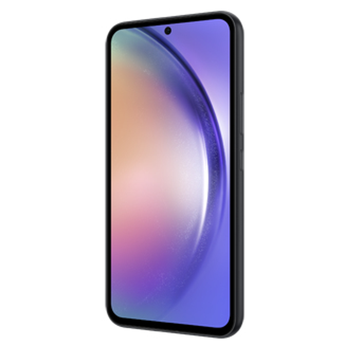 Schwarzes Telefon vorne mit Bildschirm, der einen lila und blauen Farbverlauf anzeigt. Weißer Hintergrund.