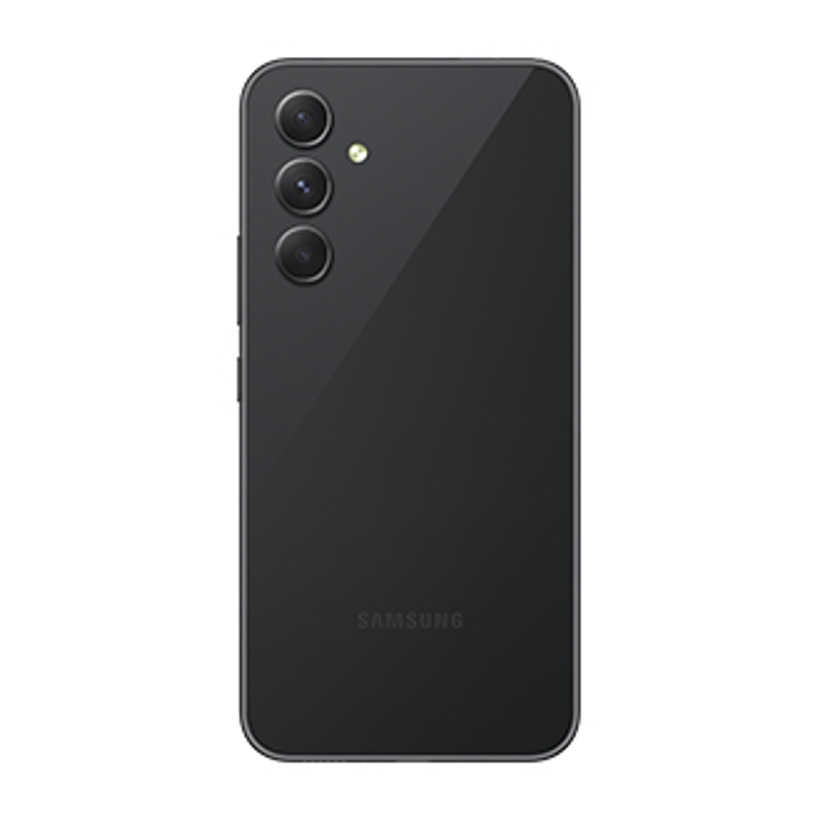 Schwarze Telefonrückseite mit Dreifachkameras. Samsung-Logo. Weißer Hintergrund.