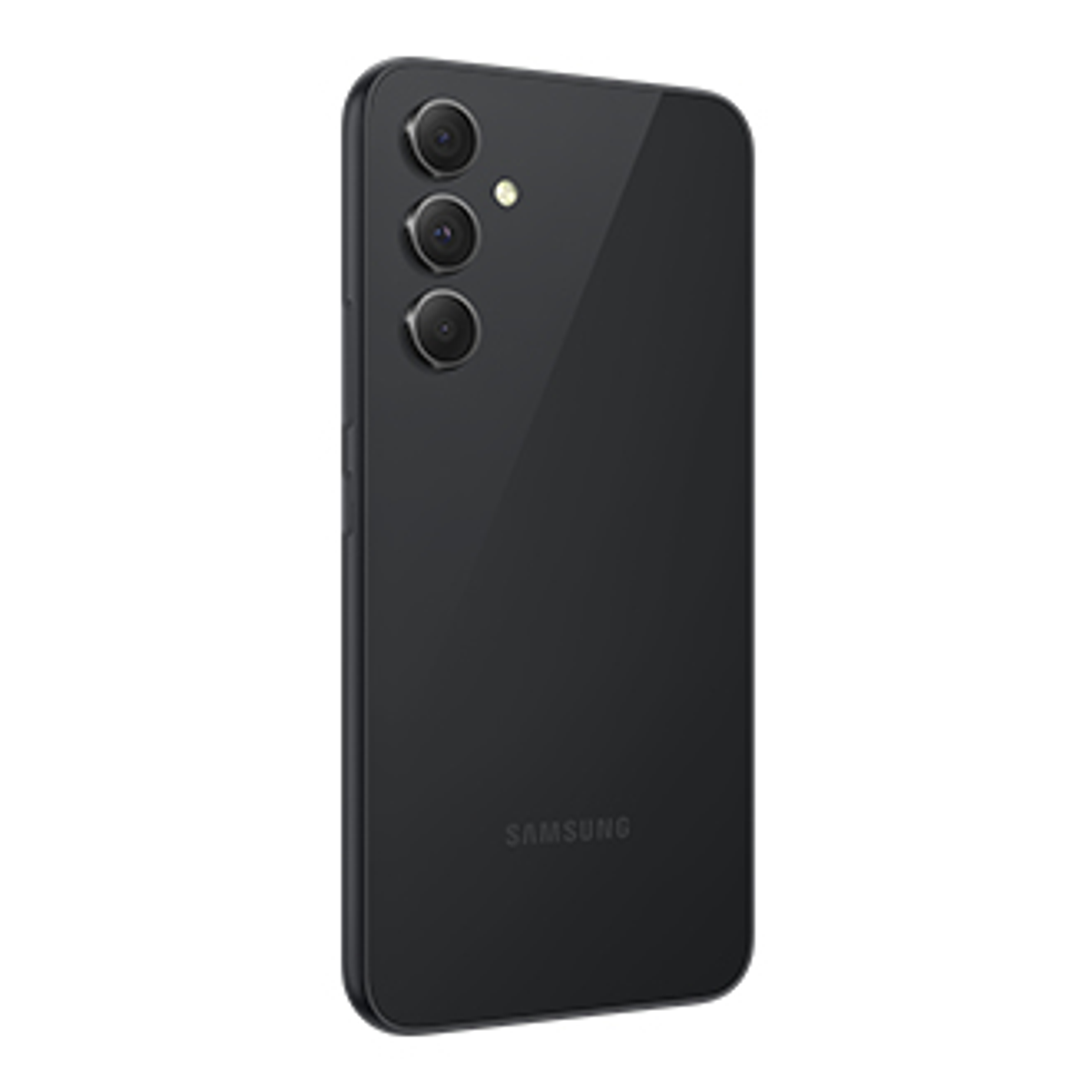 Schwarze Telefonrückseite mit Dreifachkameras. Samsung-Logo. Weißer Hintergrund.