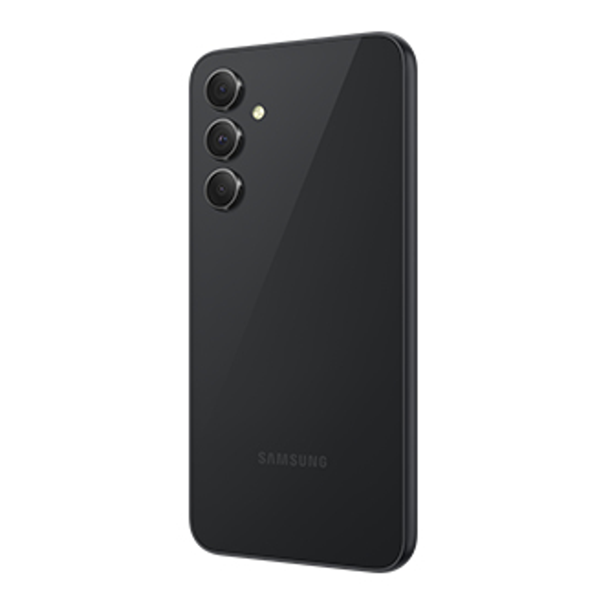 Schwarze Telefonrückseite mit Dreifachkameras. Samsung-Logo. Weißer Hintergrund.