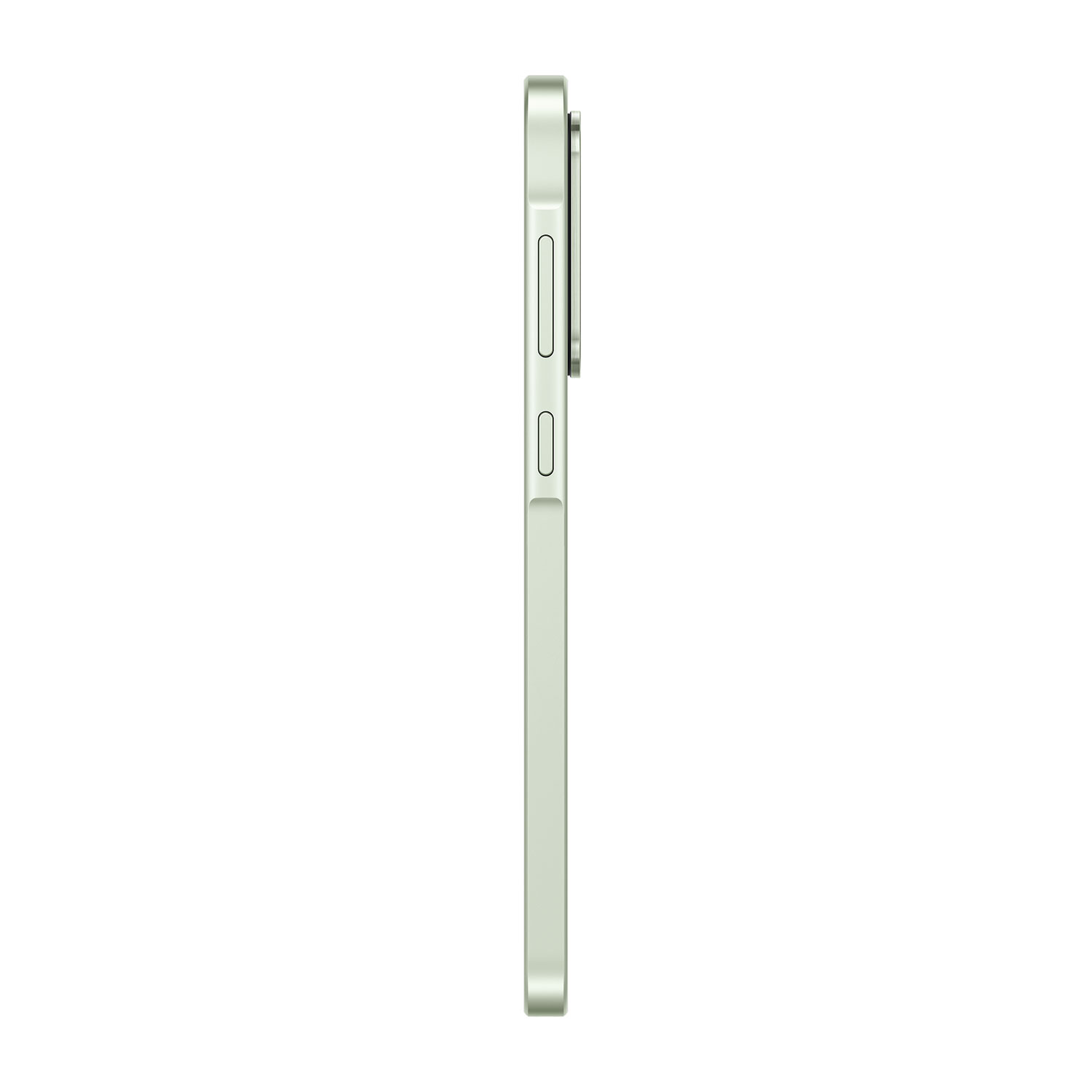Zijaanzicht van een lichtgroene smartphone. De volume- en aan/uit-knoppen zijn zichtbaar.