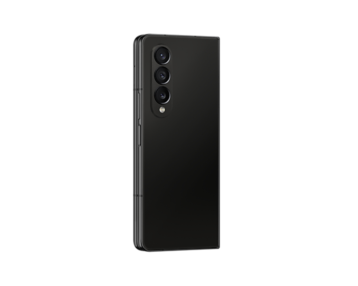 Gevouwen zwarte telefoonachterkant met camera's. Witte achtergrond.