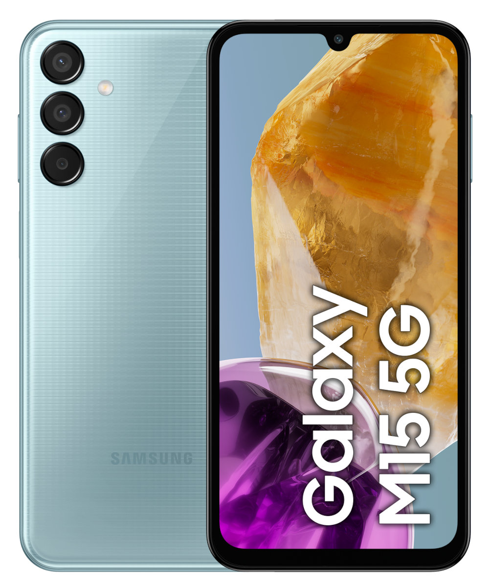 Un teléfono con dos cámaras y una pantalla que muestra las palabras Galaxy M15 5G.
