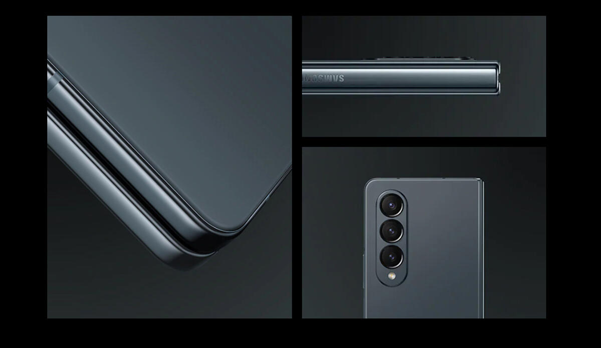 Szczegóły składanego telefonu: widok z przodu, z boku i z tyłu. Czarne tło.