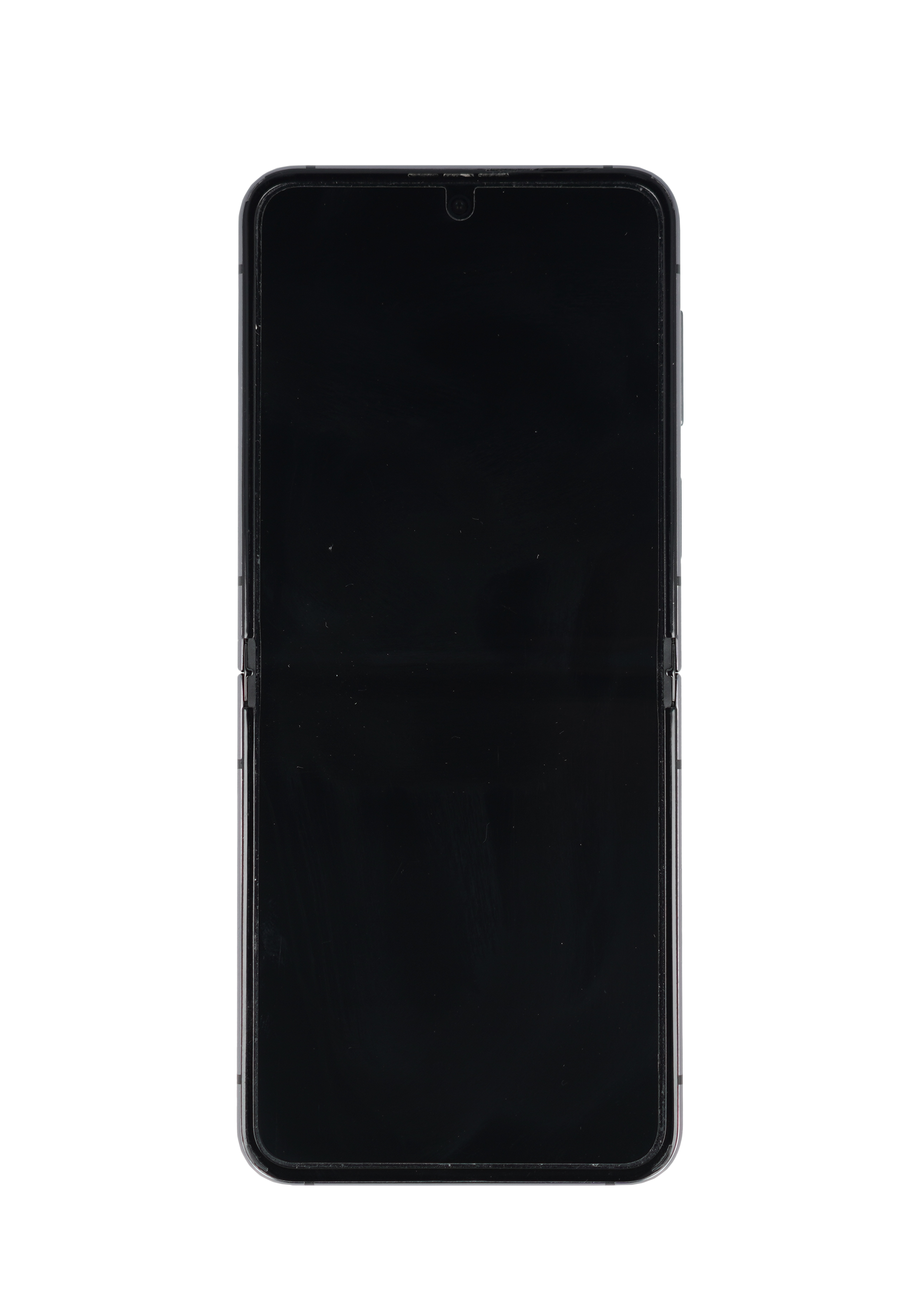 Czarny smartfon jest wyświetlany, rozłożony i pionowo, z czarnym ekranem na czarnym tle.