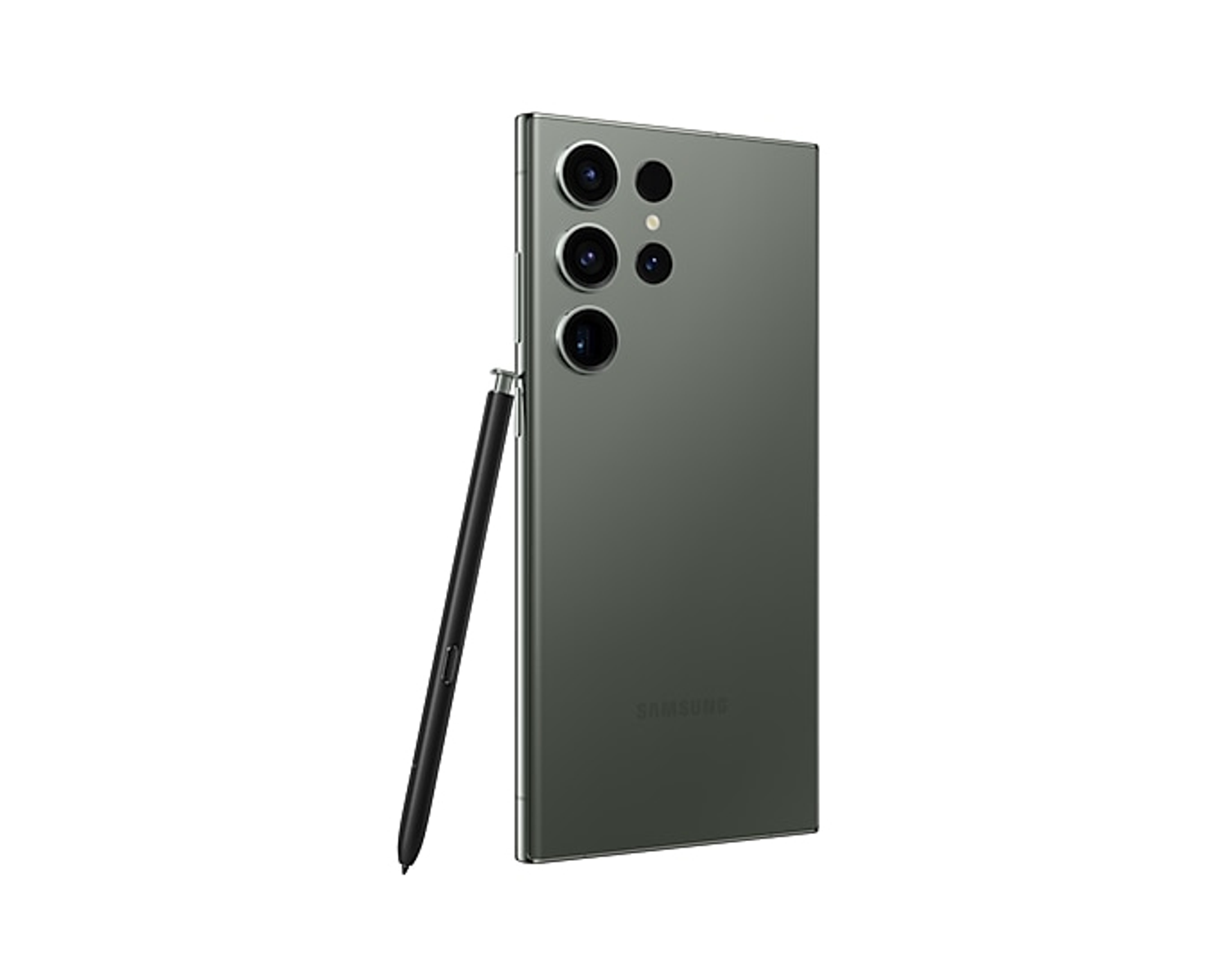 Zielony telefon z piórem. Wiele tylnych kamer. Srebrna ramka. Białe tło.