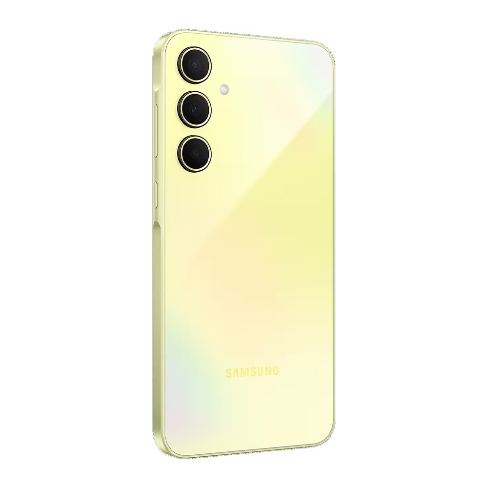 Gelber Telefonrücken, Dreifachkamera, 'SAMSUNG'-Text. Seitenansicht. Hellgelber Rahmen.