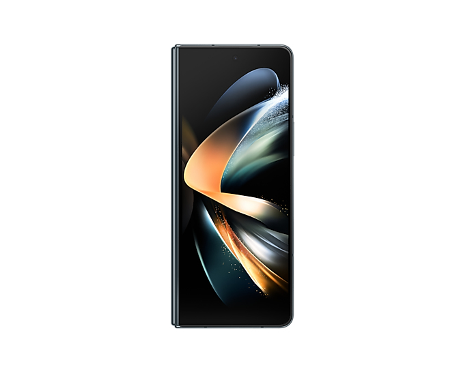 Składany telefon z czarnym ekranem wyświetlającym kolorowy, abstrakcyjny wzór na białym tle.