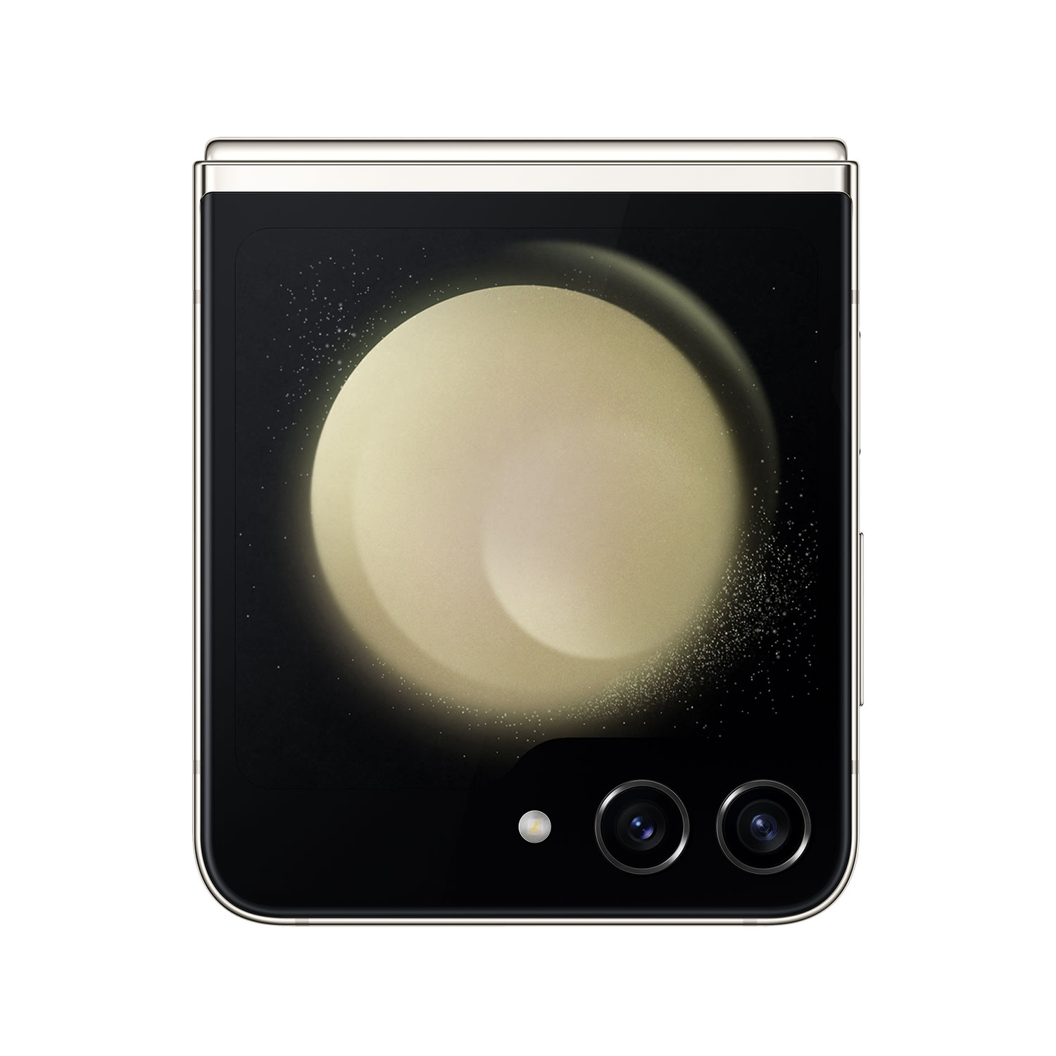 Otwarty, składany telefon, czarny z jasnym ekranem i aparatami na dole.