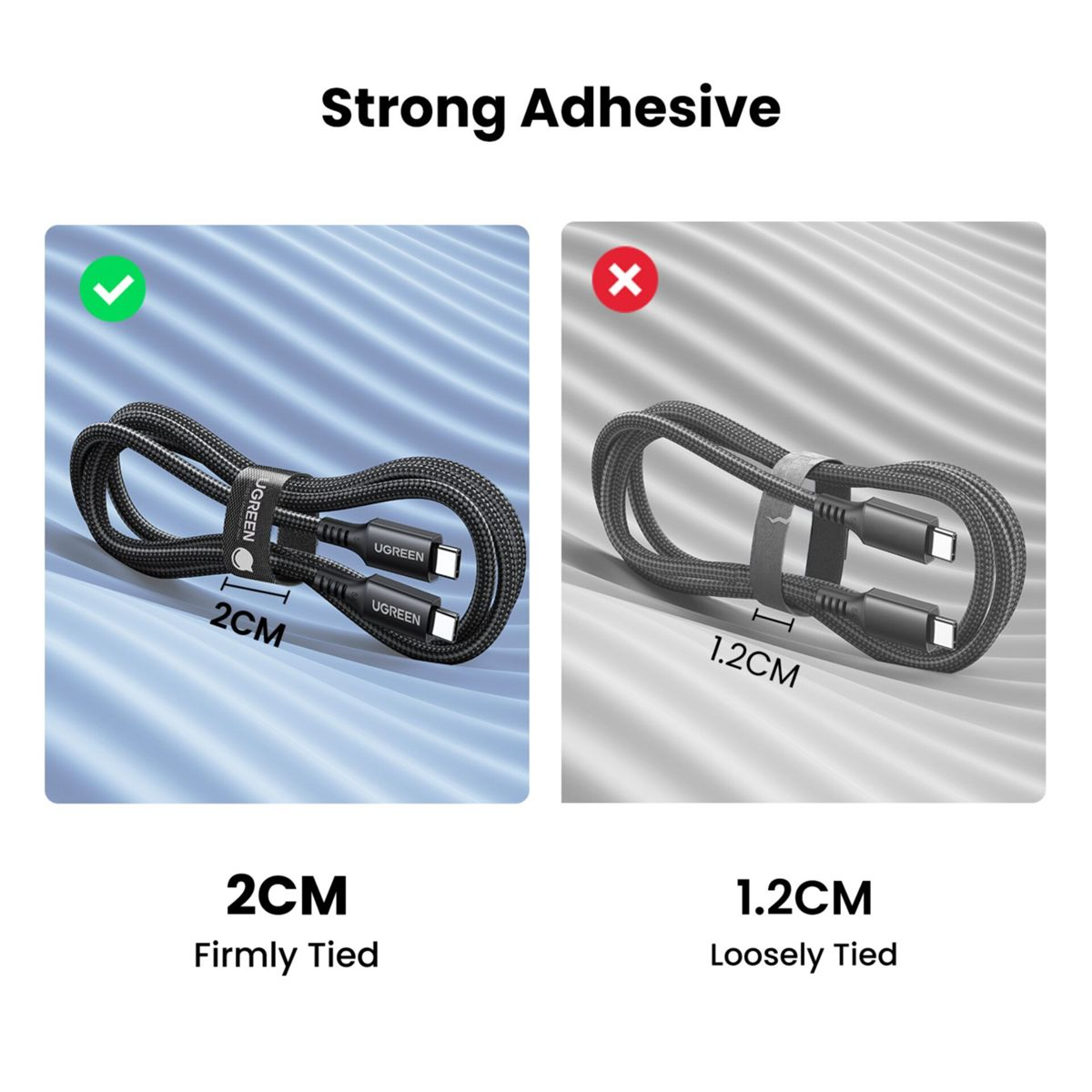 Porównanie opasek kablowych: Lewa 2CM mocno związana, prawa 1,2CM luźno związana, białe tło.