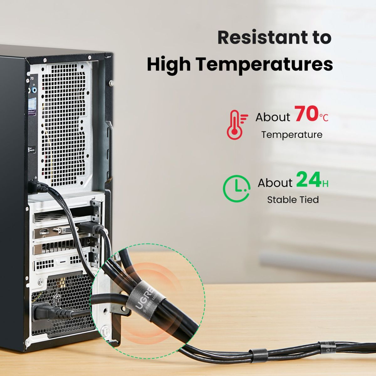 Kable komputera związane czarnymi opaskami kablowymi UGREEN, z infografiką temperatury i stabilności.