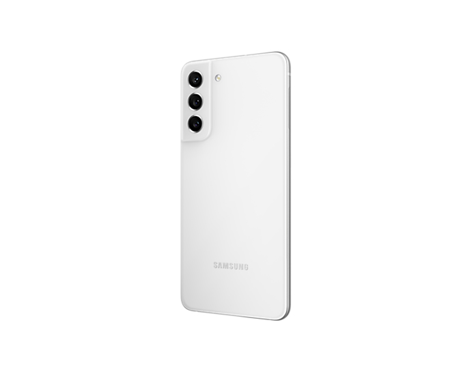 Rückseite eines weißen Smartphones mit Dreifachkamera, Samsung-Logo.