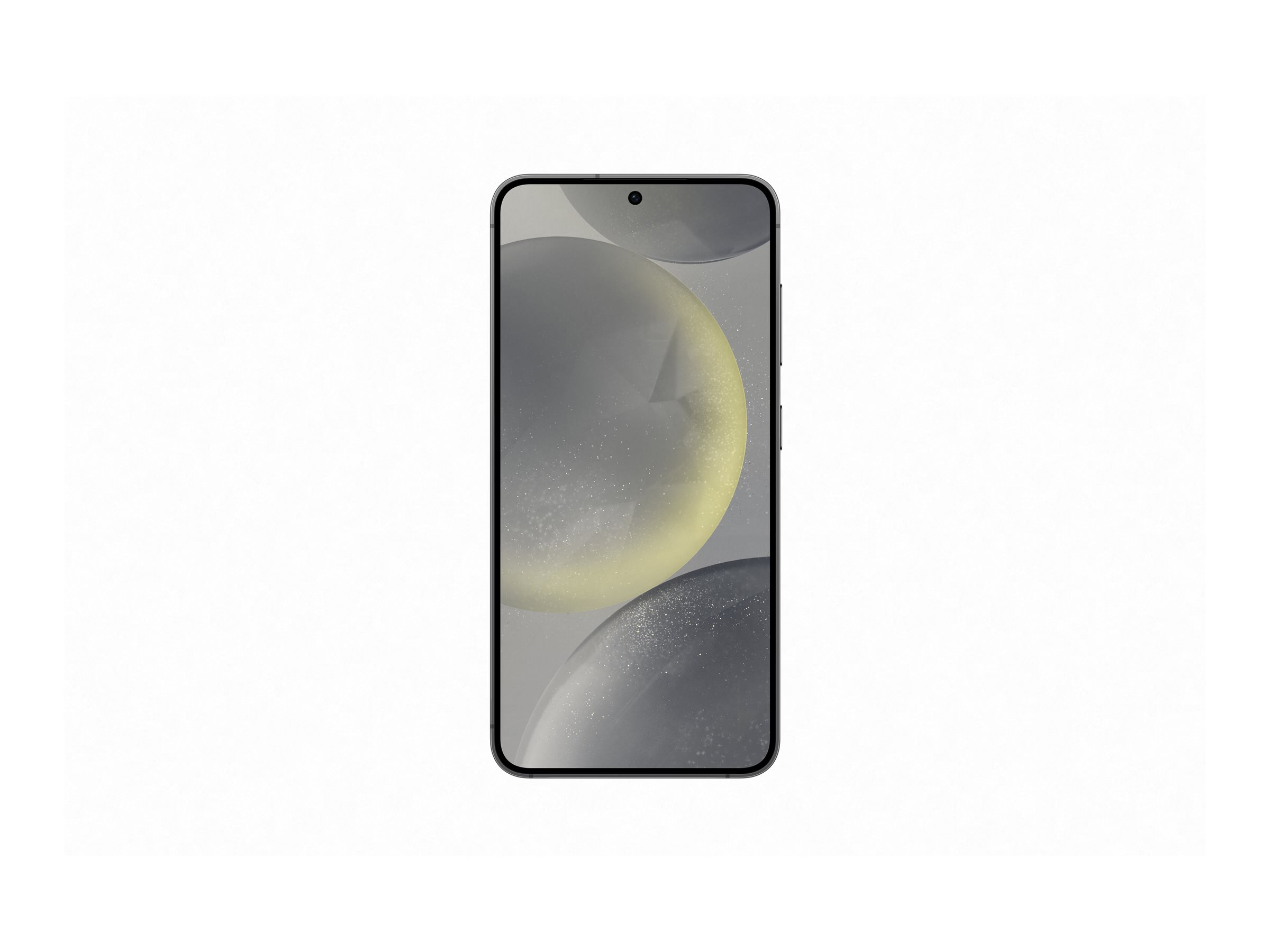 Ekran smartfona wyświetlający abstrakcyjne szare i żółte sfery.