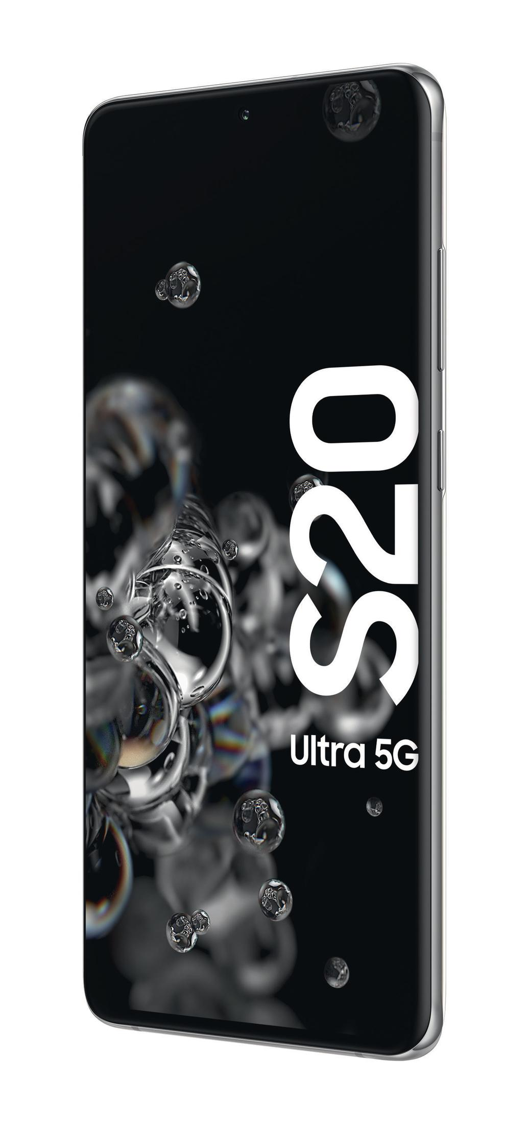 Ein Telefonbildschirm mit Blasen darum. Die Worte 'S20 Ultra 5G' werden angezeigt.
