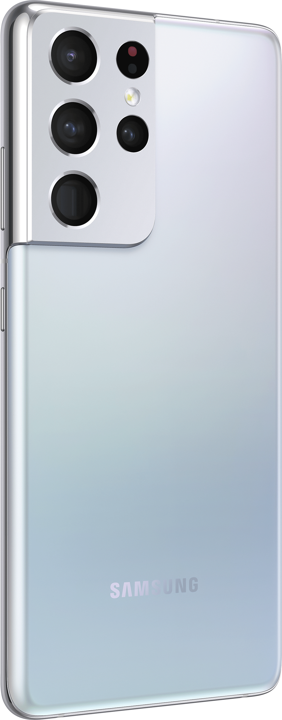 Boczny widok srebrnego smartfona Samsung z wieloma obiektywami aparatu i logo Samsung z tyłu.