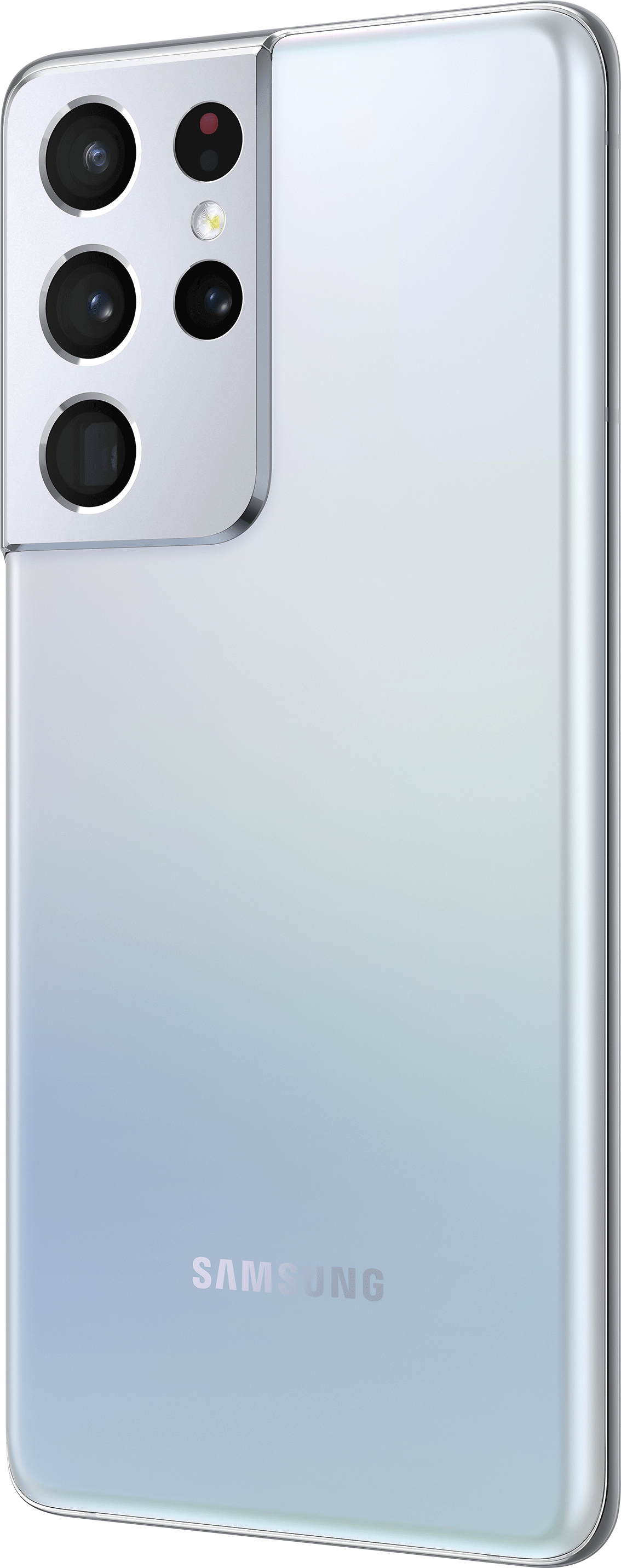 Boczny widok srebrnego smartfona Samsung z wieloma obiektywami aparatu i logo Samsung z tyłu.