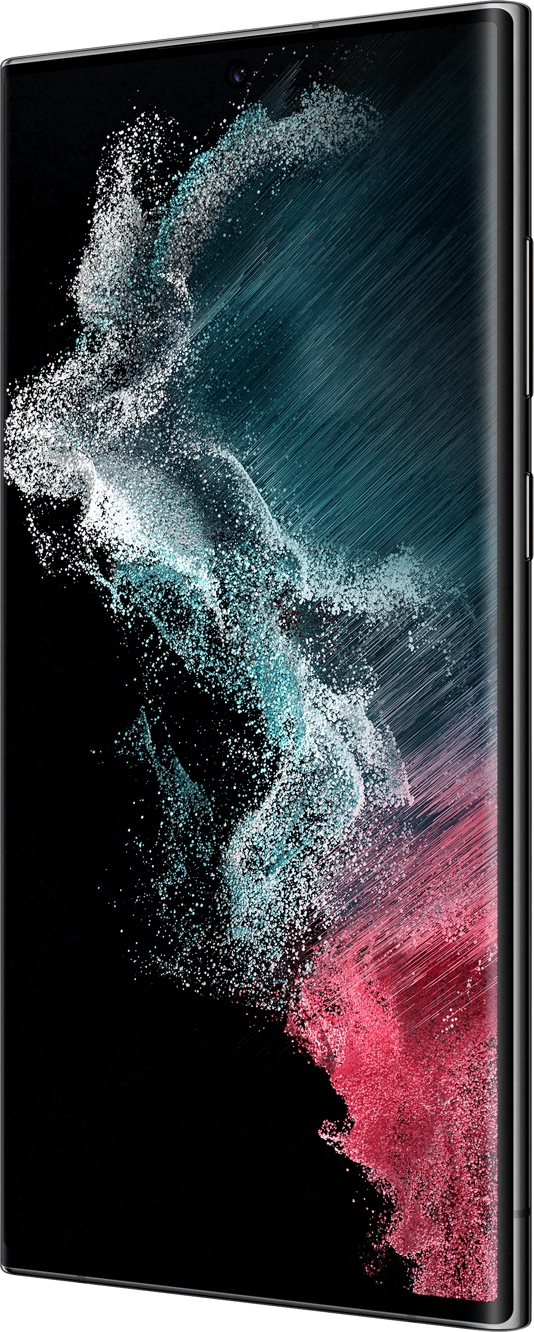 Boczny widok smartfona z czarną ramką i żywym, kolorowym abstrakcyjnym wzorem na ekranie.