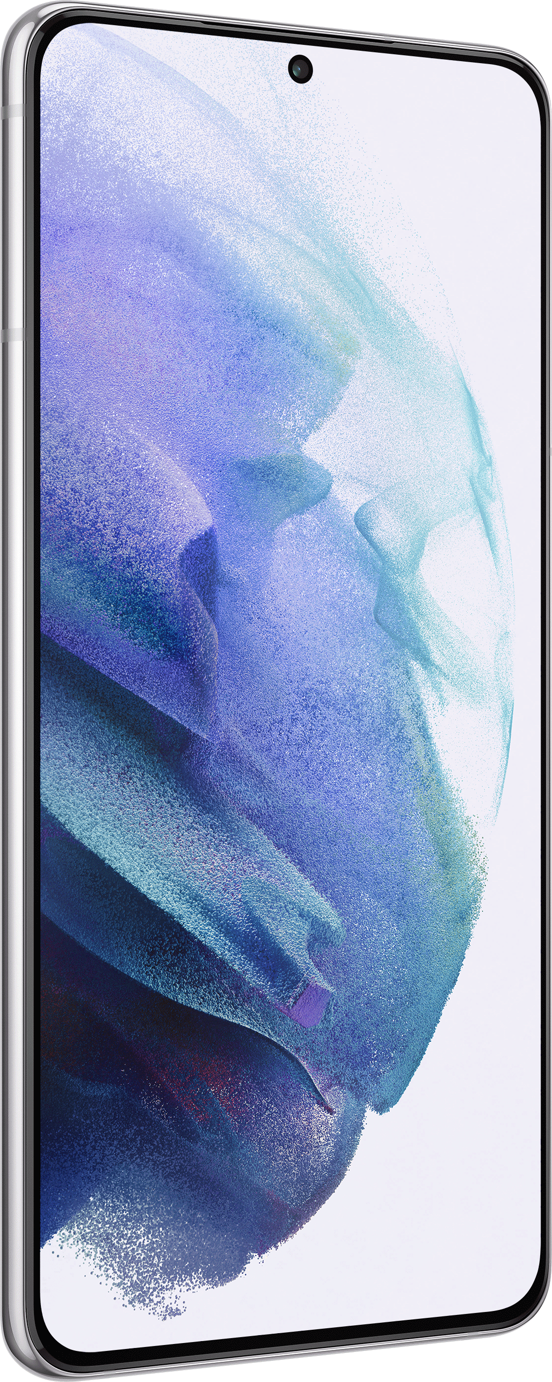 Smartphone mit silbernem Rahmen. Der Bildschirm zeigt abstrakte Kunst in Blau und Lila auf weißem Hintergrund.