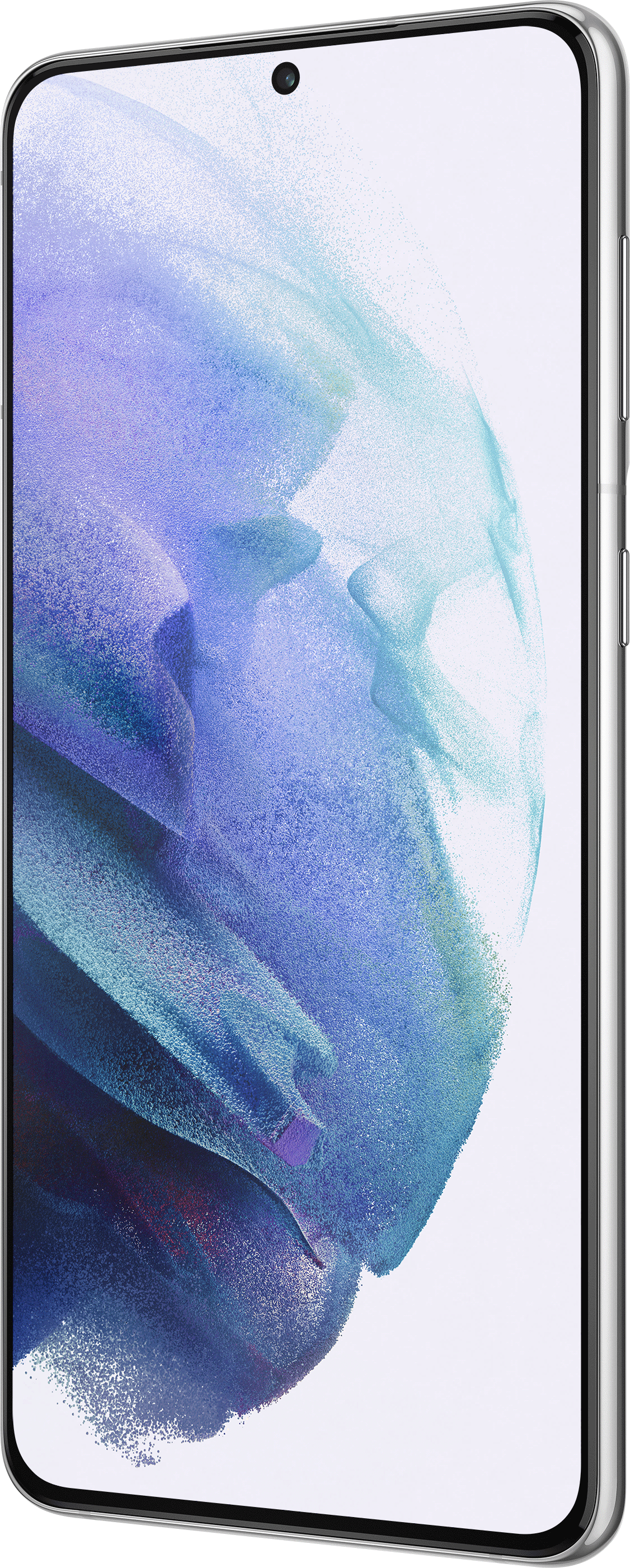 Smartphone mit silbernem Rahmen. Der Bildschirm zeigt blaue und lila abstrakte Kunst auf weißem Hintergrund.