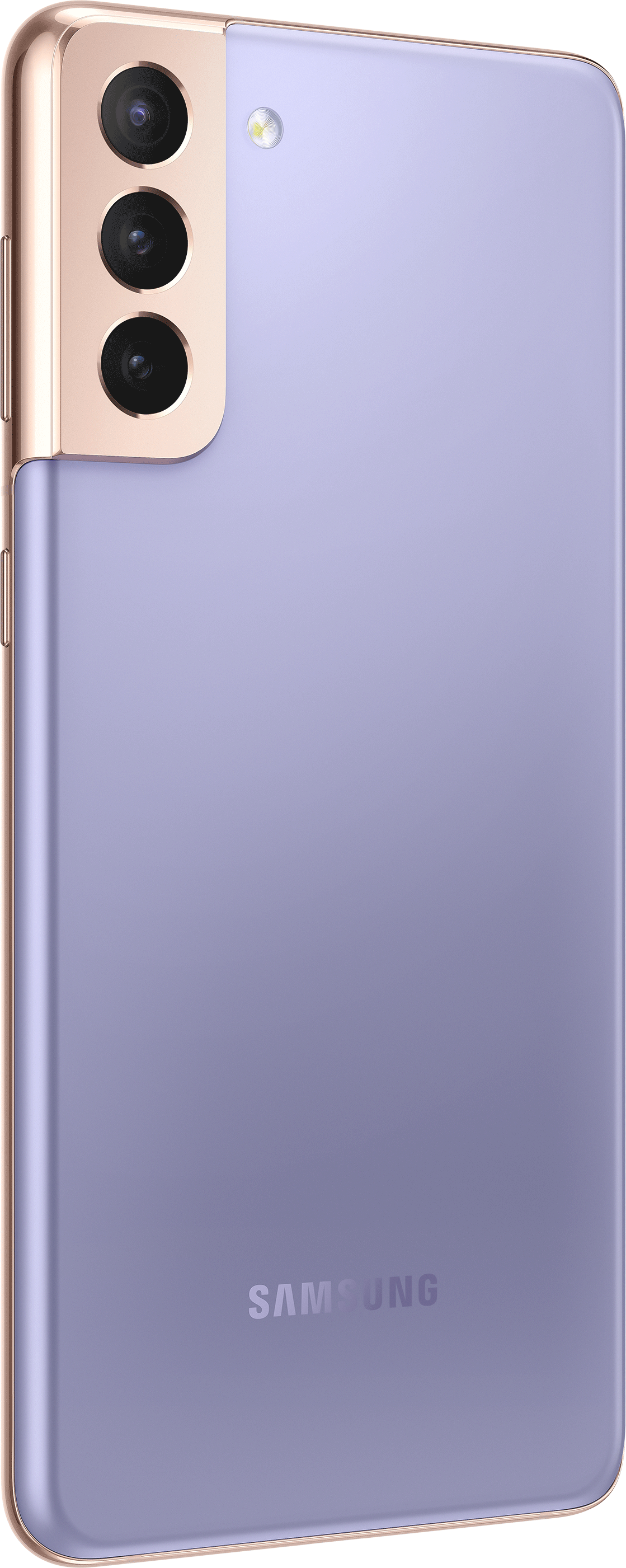 Arrière d'un smartphone violet avec trois caméras et le logo Samsung.