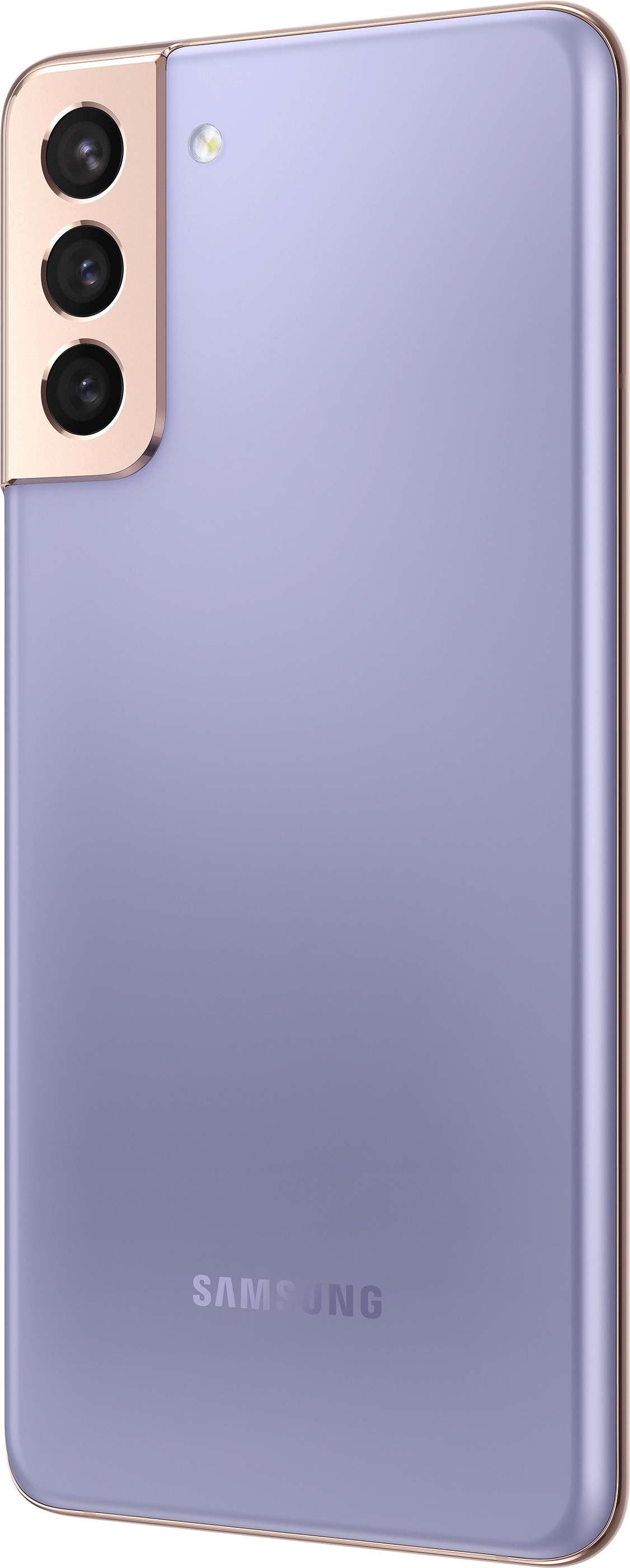 Arrière d'un smartphone violet avec trois caméras et le logo Samsung.