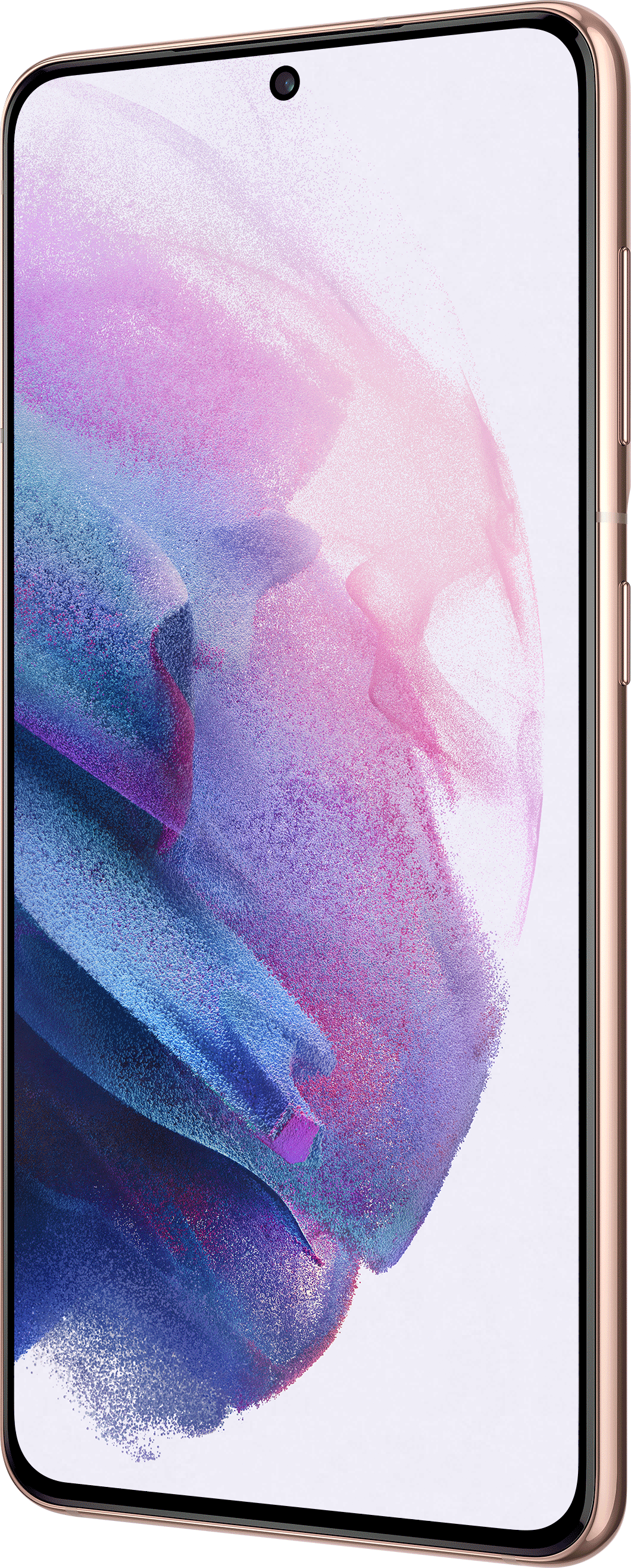 Złoty telefon wyświetla kolorowy, abstrakcyjny wzór na ekranie.