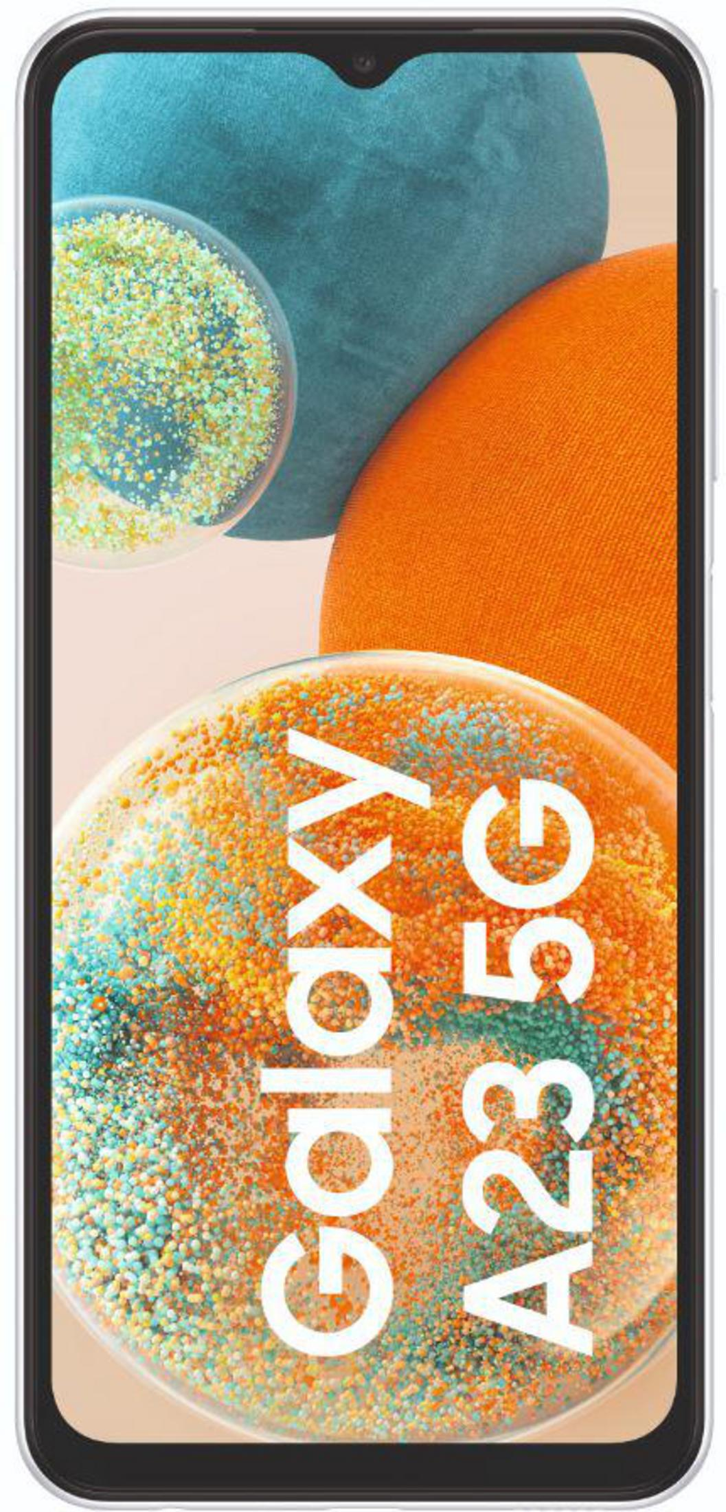 Ein Smartphone mit buntem, abstraktem Hintergrund auf dem Bildschirm und den Worten 'Galaxy A23 5G'.