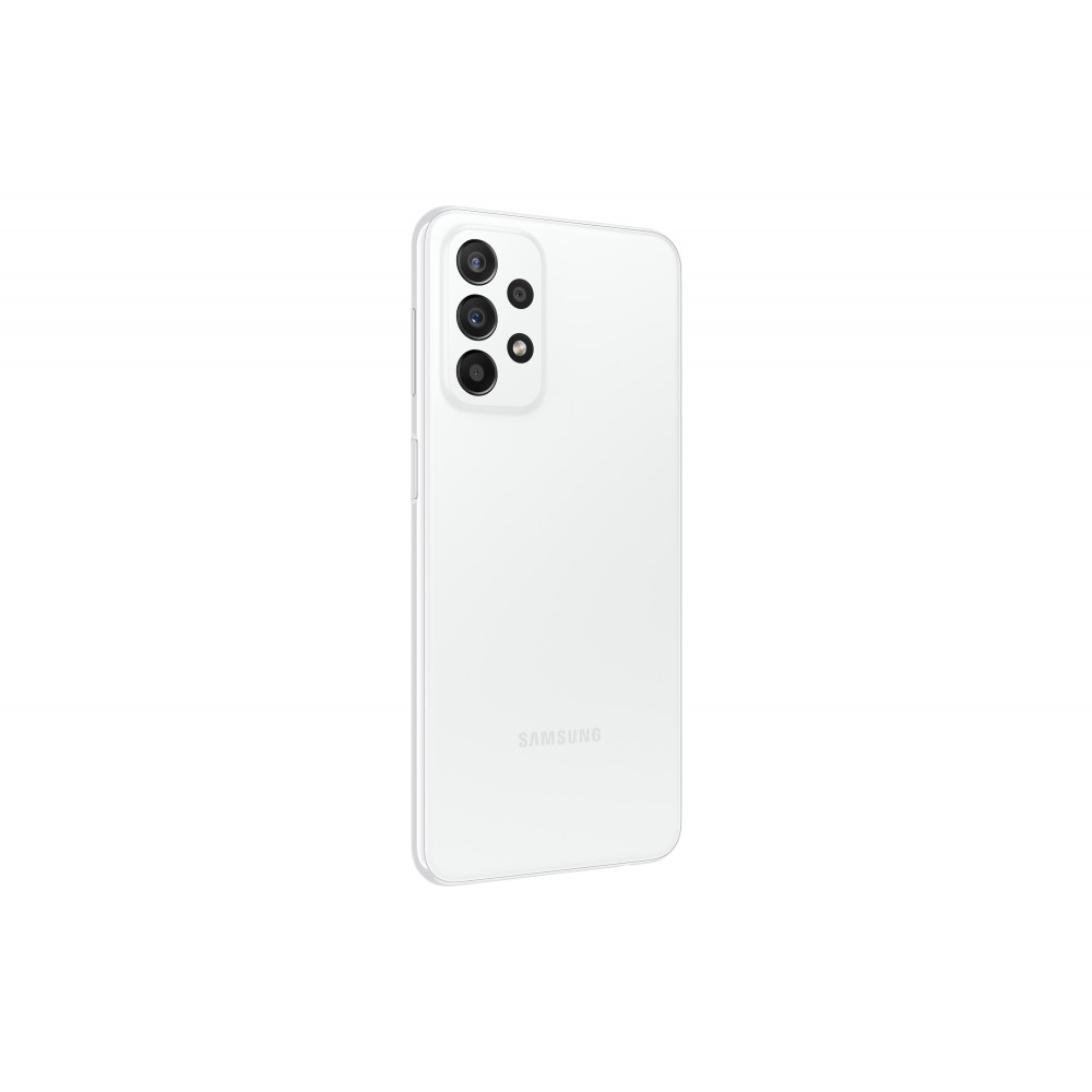 Die Rückseite eines weißen Smartphones mit drei Kameras und dem Samsung-Logo.