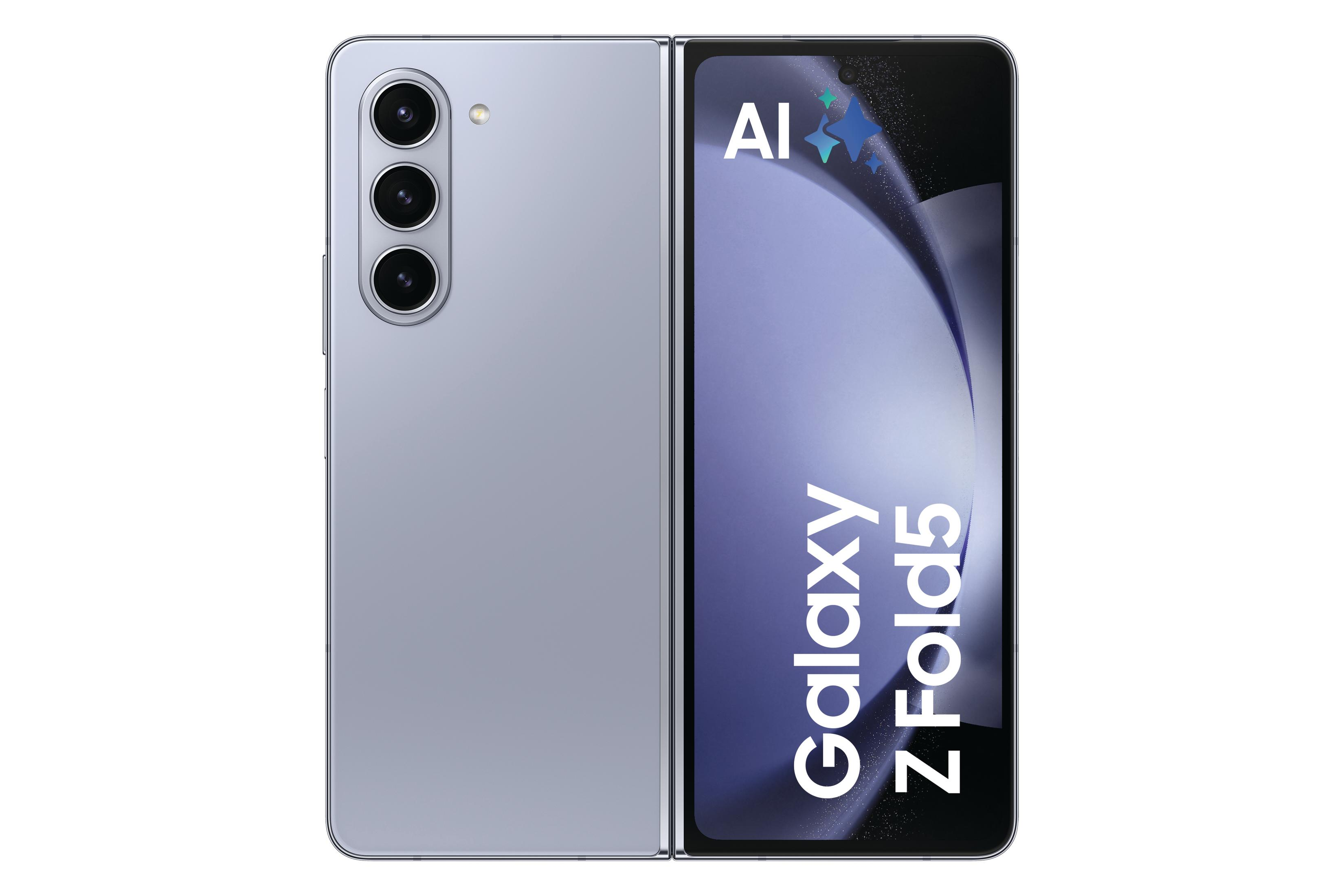 Złożony smartfon ze srebrną ramką. Ekran wyświetla tekst i grafikę, obecne jest logo AI.