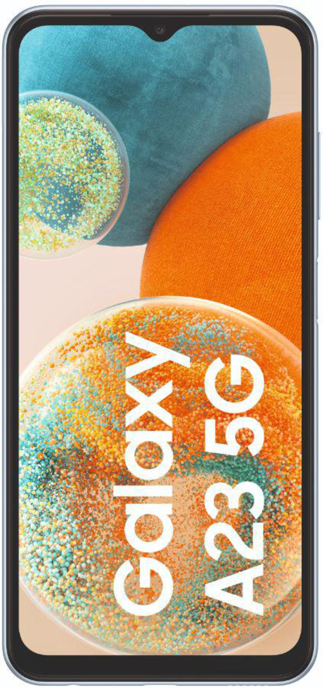 Niebieski smartfon z kolorowym ekranem z napisem 'Galaxy A23 5G'.