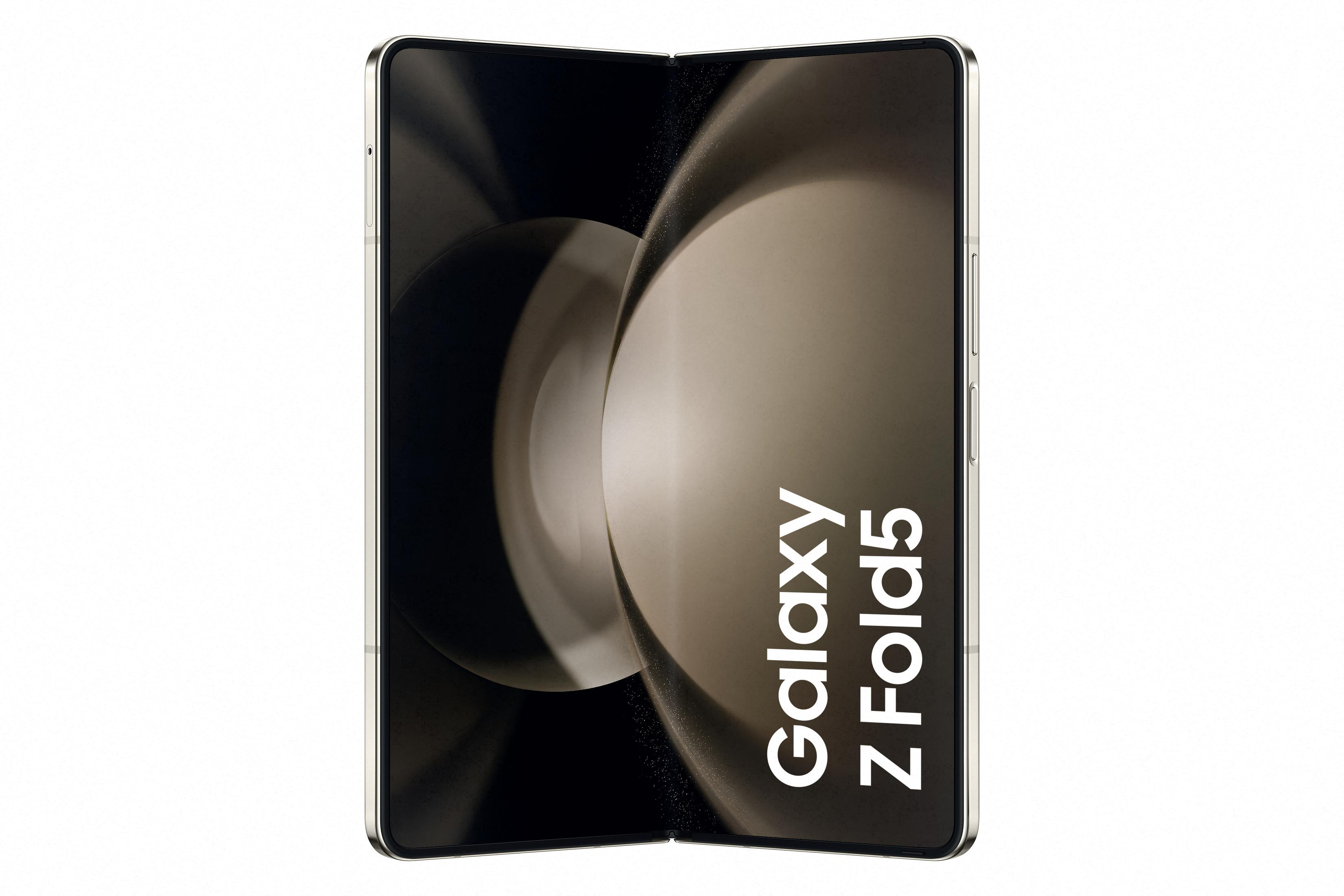 Składany telefon jest otwarty, wyświetlając biały ekran z napisem 'Galaxy Z Fold5'.