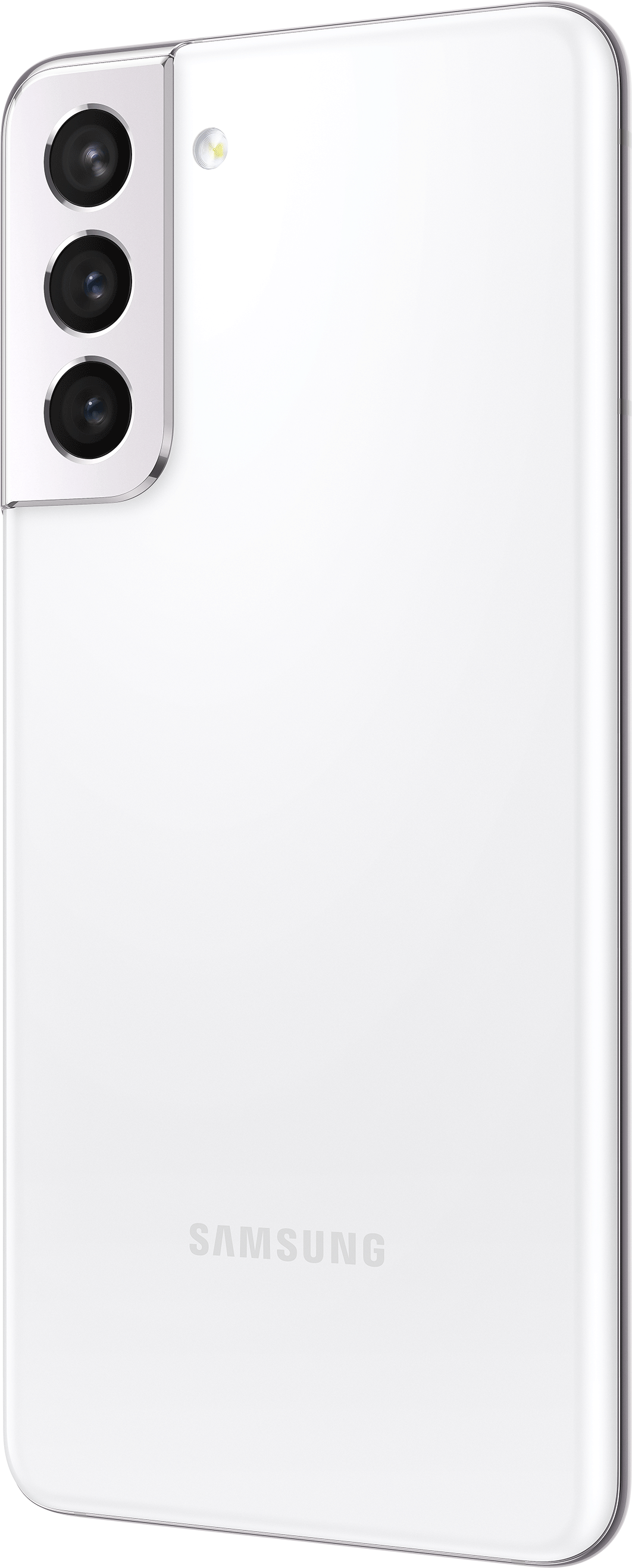 Tył białego smartfona z trzema aparatami i logo Samsung.