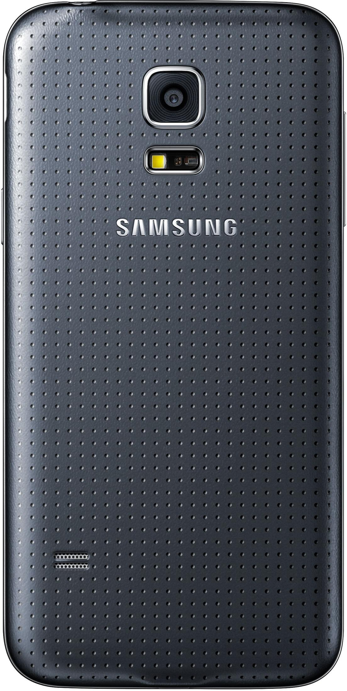 Dunkelgraue Samsung Telefonrückseite. Gepunktete Textur, Kamera, Blitz und Samsung-Logo sichtbar.