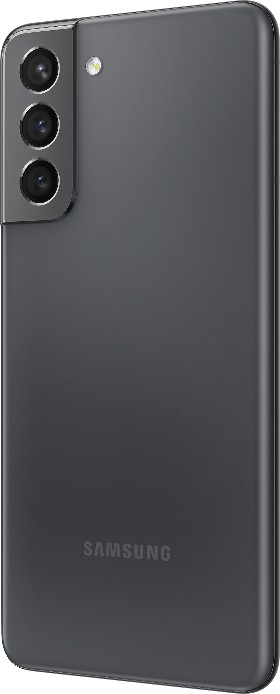 Tył ciemnoszarego telefonu Samsung z trzema pionowymi aparatami i logo Samsung.