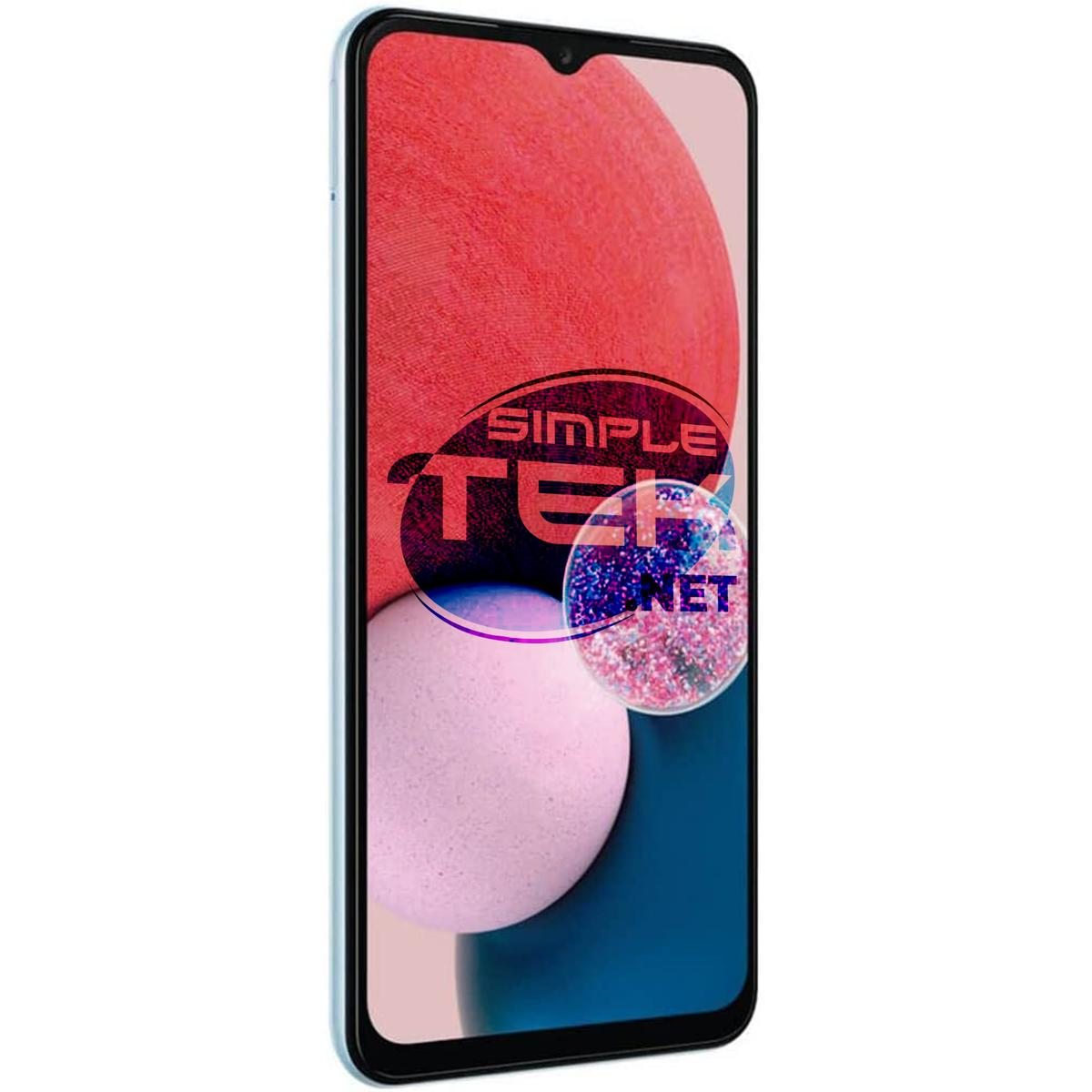 Blaues Samsung Telefon, Vorderansicht. Display zeigt einen bunten Hintergrund mit Logo.