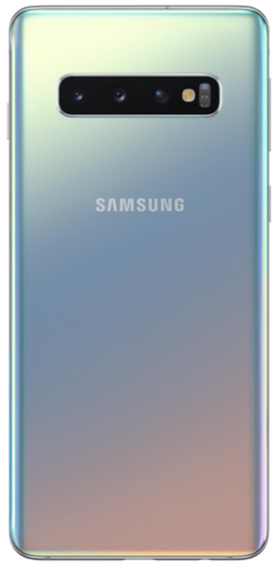 Die Rückseite eines silbernen Samsung-Telefons mit Kameras und dem Samsung-Logo.
