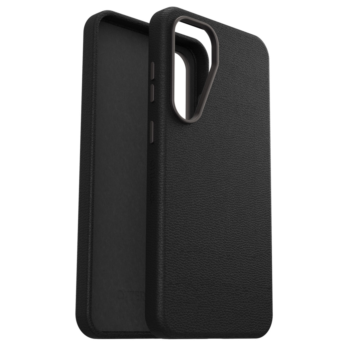 Une coque de téléphone noire avec une texture semblable au cuir, montrant l'intérieur et les boutons sur le côté.