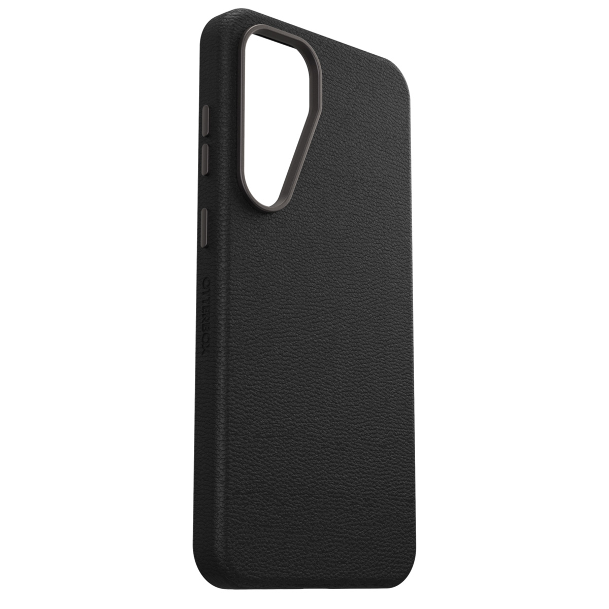 Une coque de téléphone noire avec une texture semblable au cuir, montrant le côté avec les boutons et la découpe de l'appareil photo.