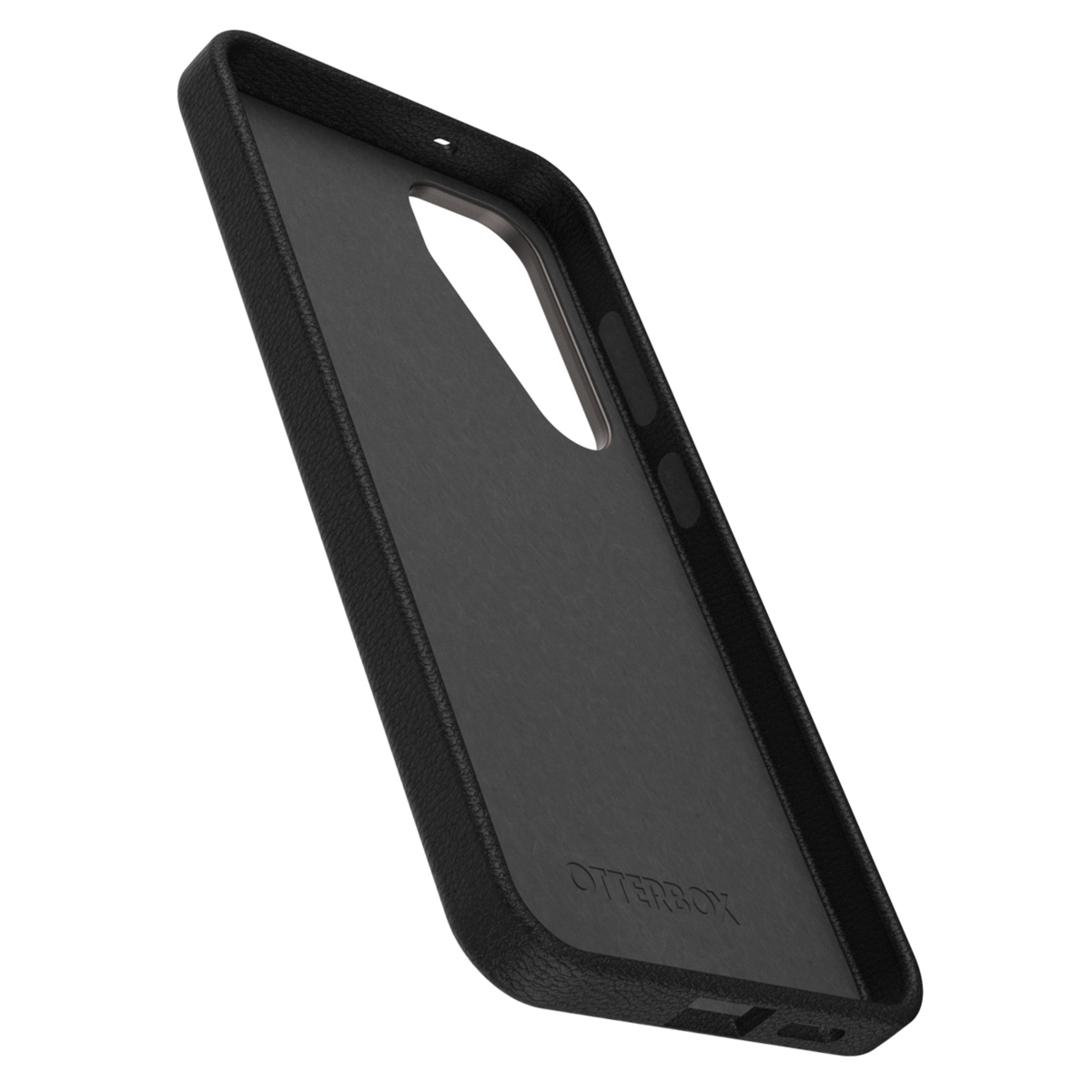 Intérieur d'une coque de téléphone noire. Elle porte la marque Otterbox et une surface texturée.