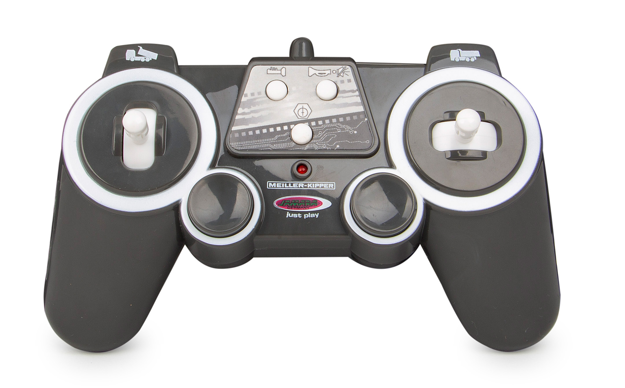 Eine schwarze Fernbedienung für ein Spielzeug mit Knöpfen, einem Joystick und dem Markennamen 'MEILLER KIPPER'.