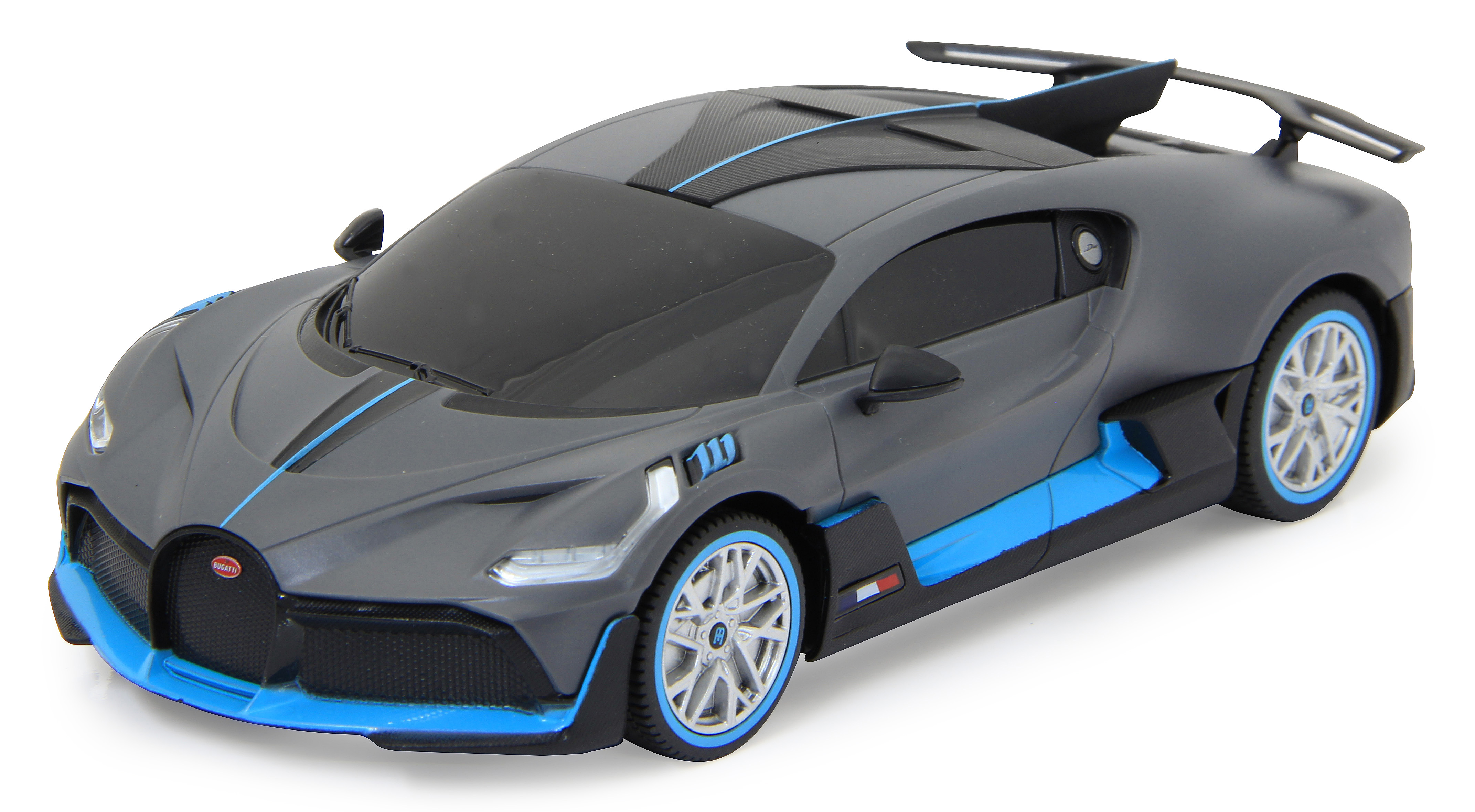 Ein graues Spielzeugauto mit blauen Akzenten, einem Spoiler und einem Bugatti-Logo vorne.